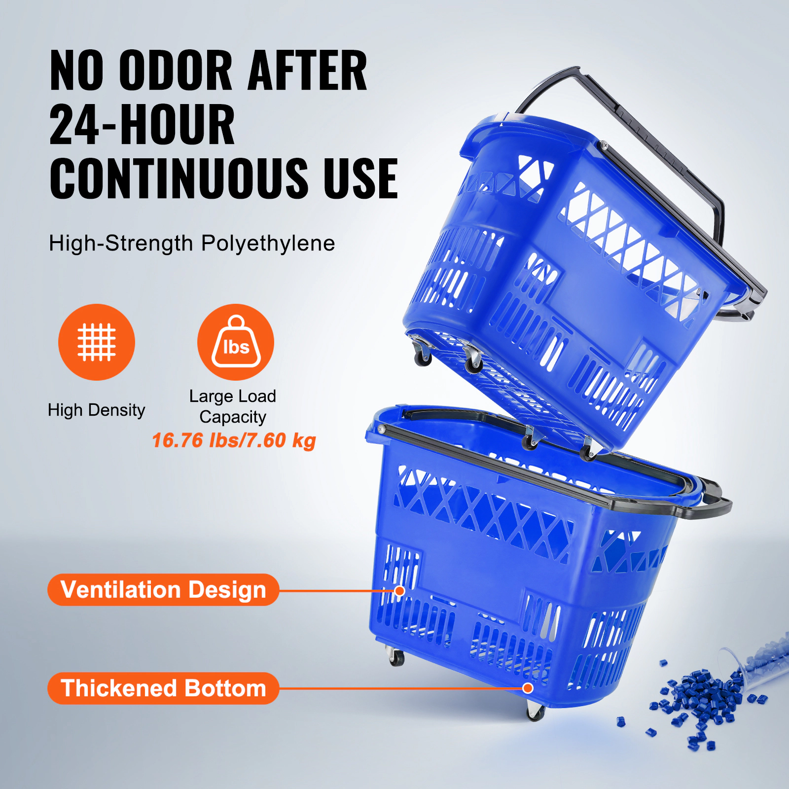 HONGGE Shopping Baskets 6PCS 39L Carts with Handles Plastic Rolling Basket Wheels Large Portable