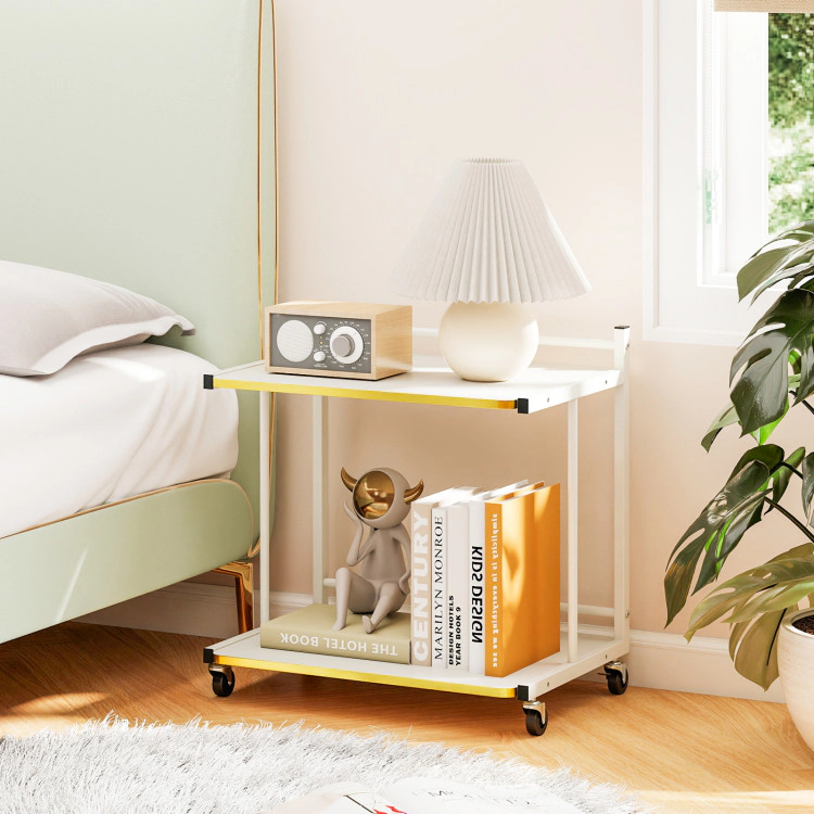 Hivvago Mobile Side Table 2-Tier Rolling End Table With Open Shelves & Golden Trimmed Edges