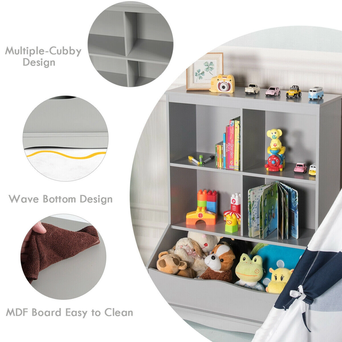SUGIFT Kids 3-Tier 4 Compartments Storage Bin Anti-Tip Wooden Bookcase 26.5-in x 16-in x 34.5-in 66-lb Top Gray