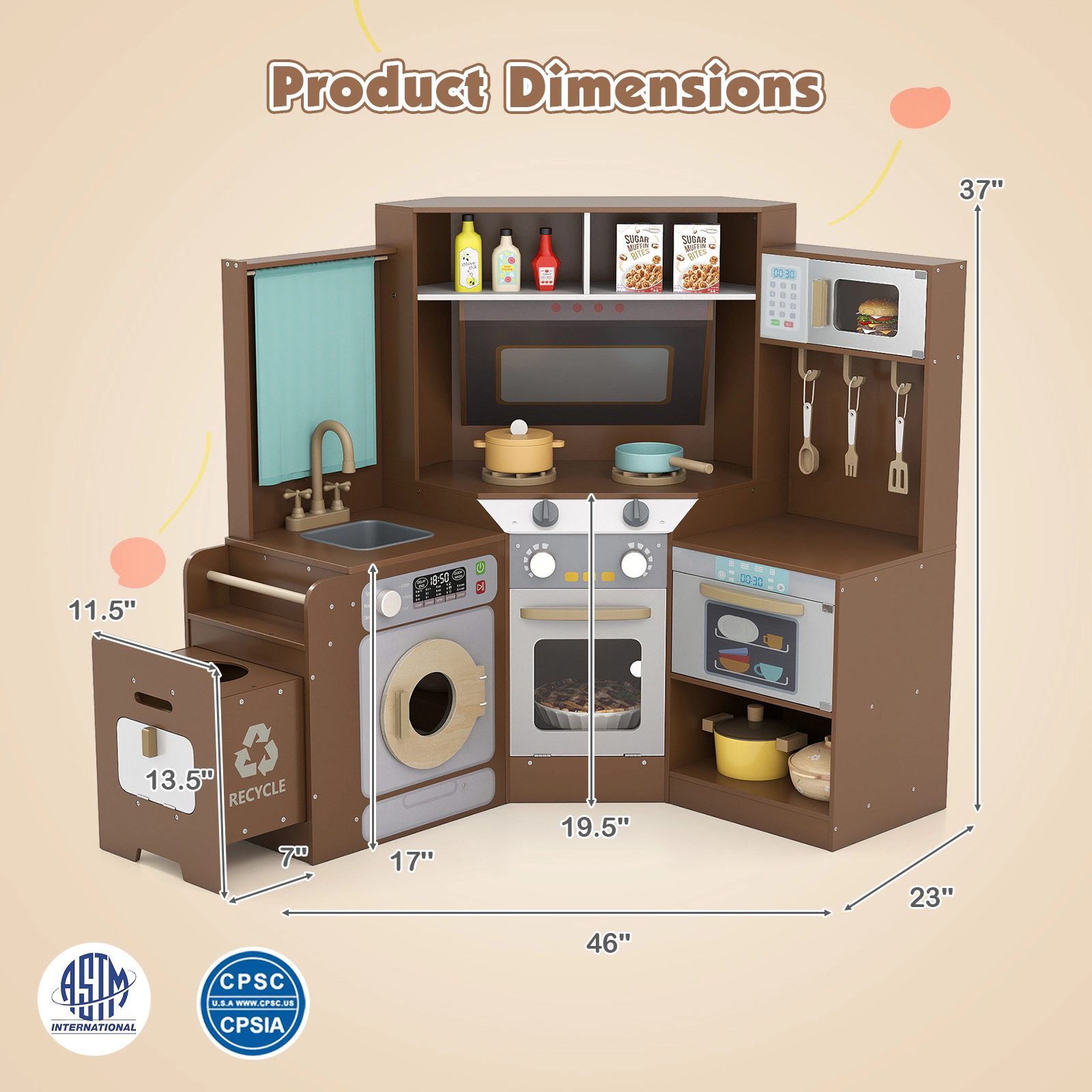 SUGIFT Corner Kitchen Toys with Lights and Sounds with Pull-Out Trash Can and Stoves Ages 3+ Off White/Coffee/Pink