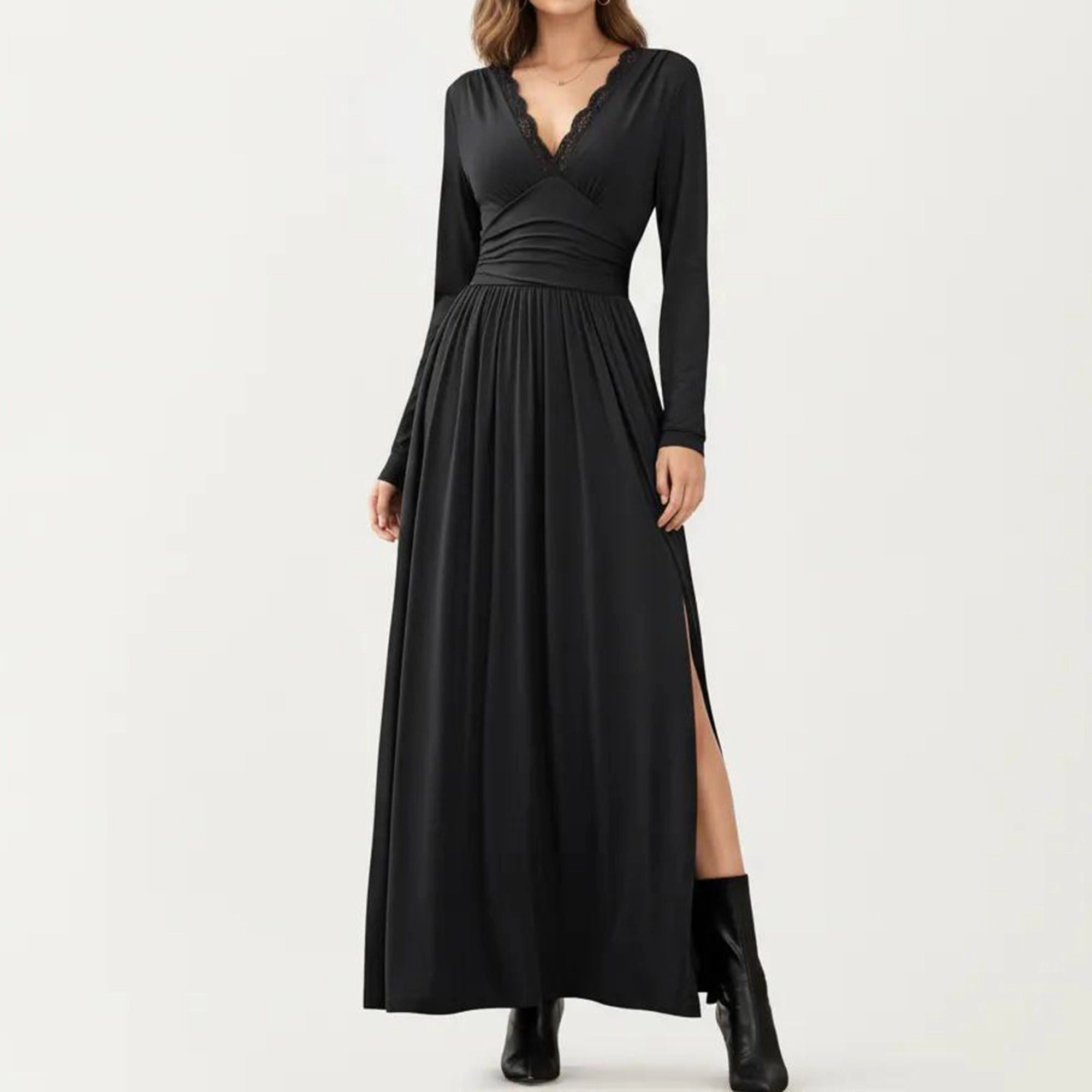 Anna-Kaci Women's V Neck Long Sleeve Lace Detail Side Slit Maxi Dress