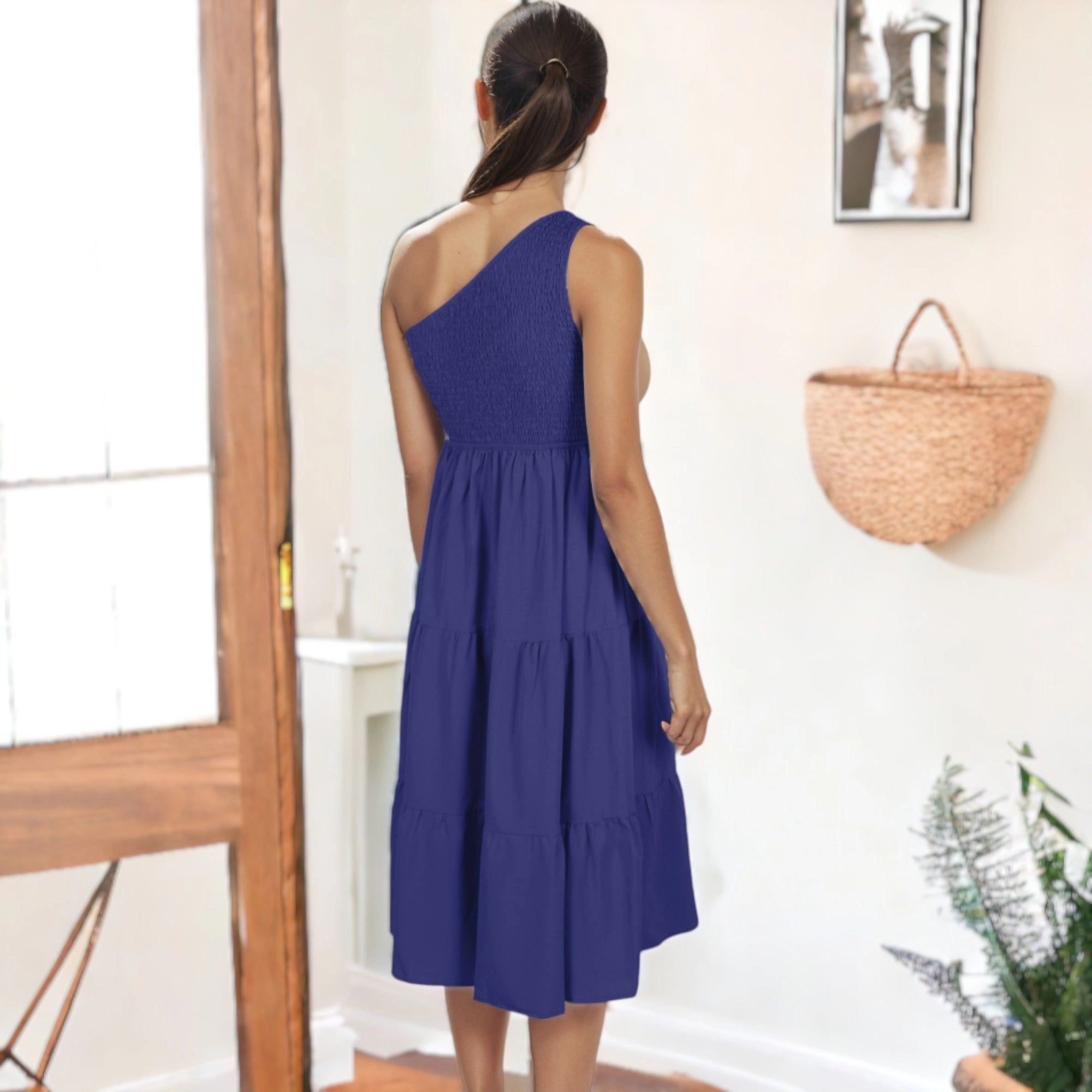 Anna-Kaci Women's Boho Summer One Shoulder Sleeveless Smocked Flowy Tiered Beach Party Maxi Fashion Dress