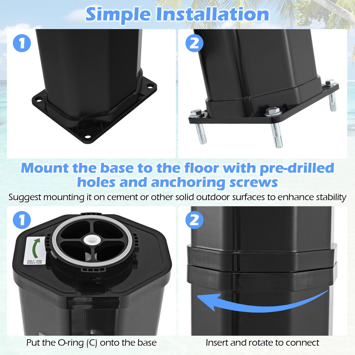 SUGIFT 7.5-ft Solar Heated Outdoor Shower PVC Column 15.9-Gallon Tank 3.5-Bar Pressure 360° Swivel Head 140 F Black