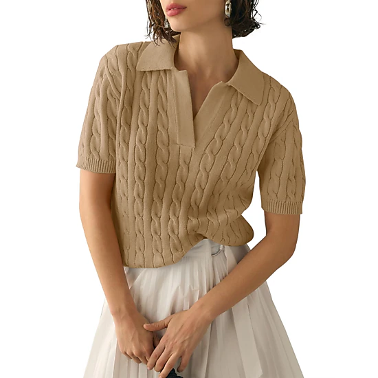 KOJOOIN Women's Cable Short Sleeve Sweaters Tops Lapel V Neck Knit Shirt Fall Outfits