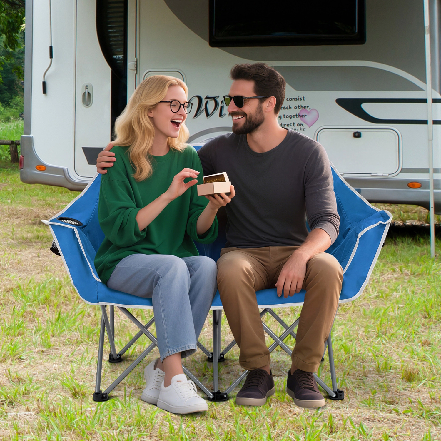 LJG Duo Camping Chair Portable Oversized Loveseat with Armrests and Cup Holders
