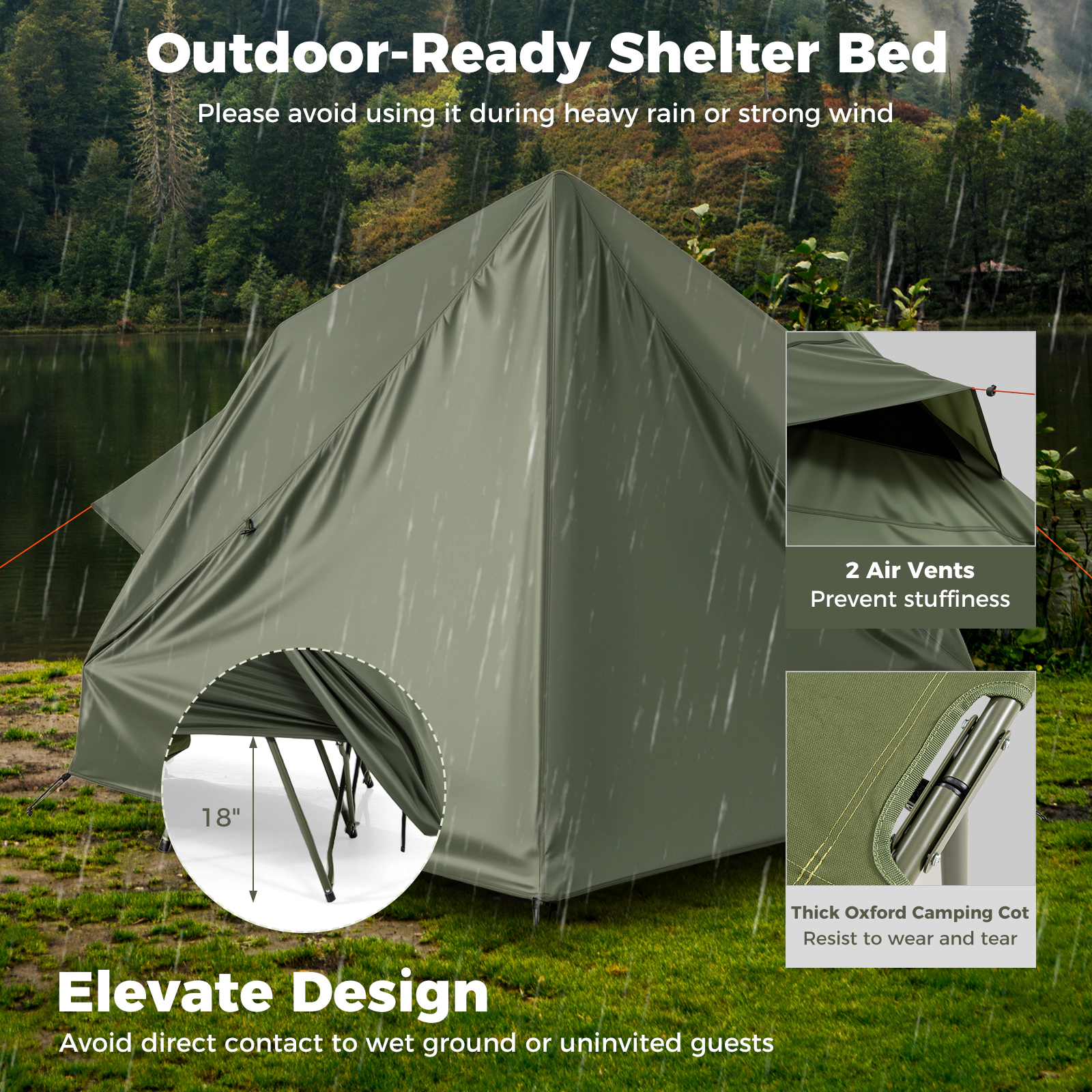 SUGIFT Foldable 2-Person Camping Cot Tent with Pop-up Tent Shelter 660-lb Capacity Green