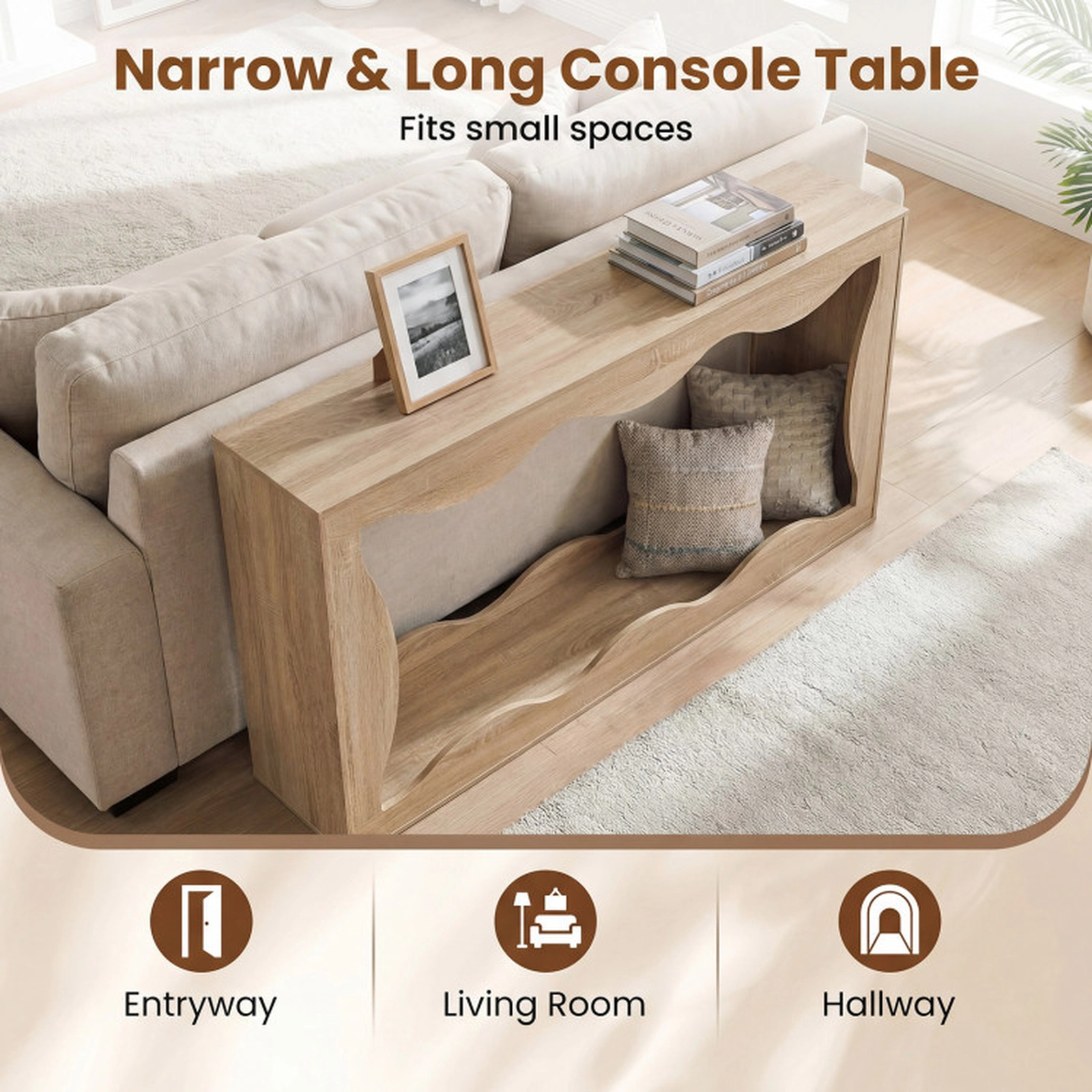 SUGIFT 63-in Long 12-in Narrow 132-lb Capacity 2-Tier Natural Console Table with Wavy Edge Storage Shelf