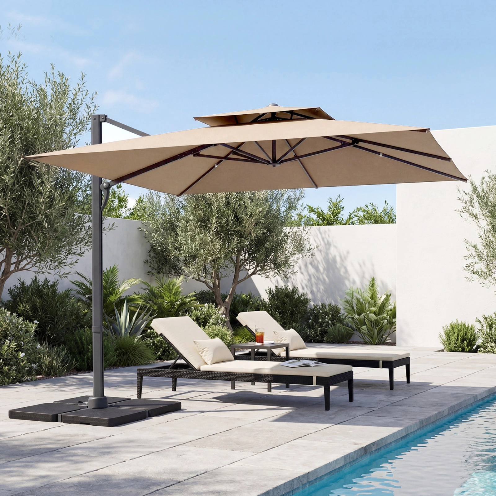 SUGIFT Brown Aluminum Pole and 220 LB Fillable Base 10 FT Square Cantilever Patio Umbrella