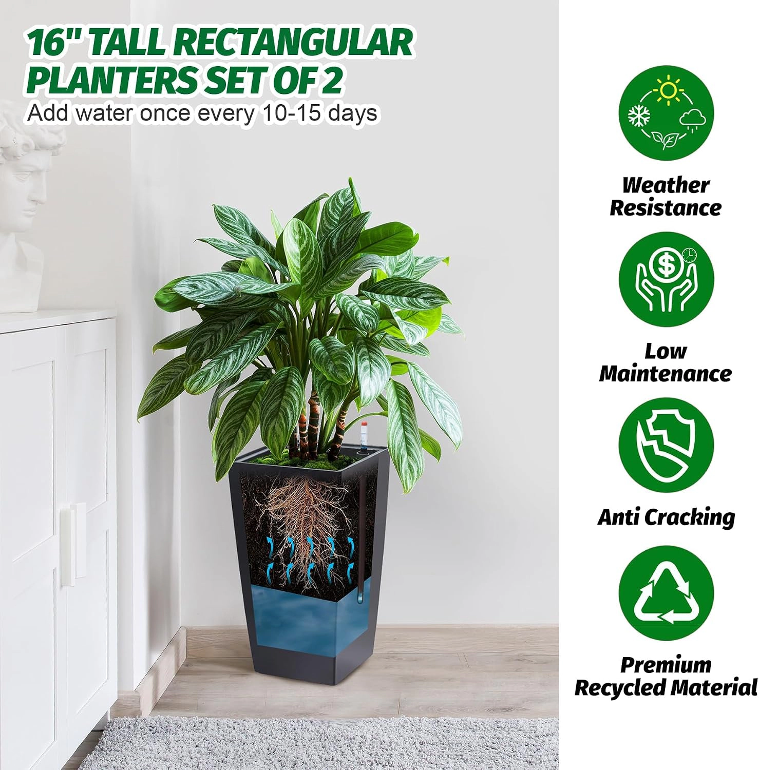 Set of 2 Planters 16" Tall, Self-Watering with Drainage & Water Level Monitor, Wheels, Indoor Outdoor