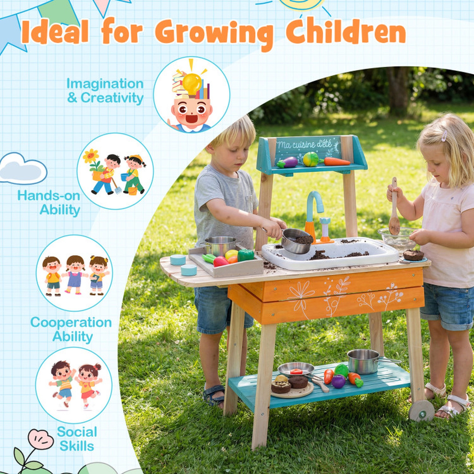 SUGIFT Orange Removable Sink and Circulation Faucet Outdoor Kids Wooden Mud Kitchen Playset