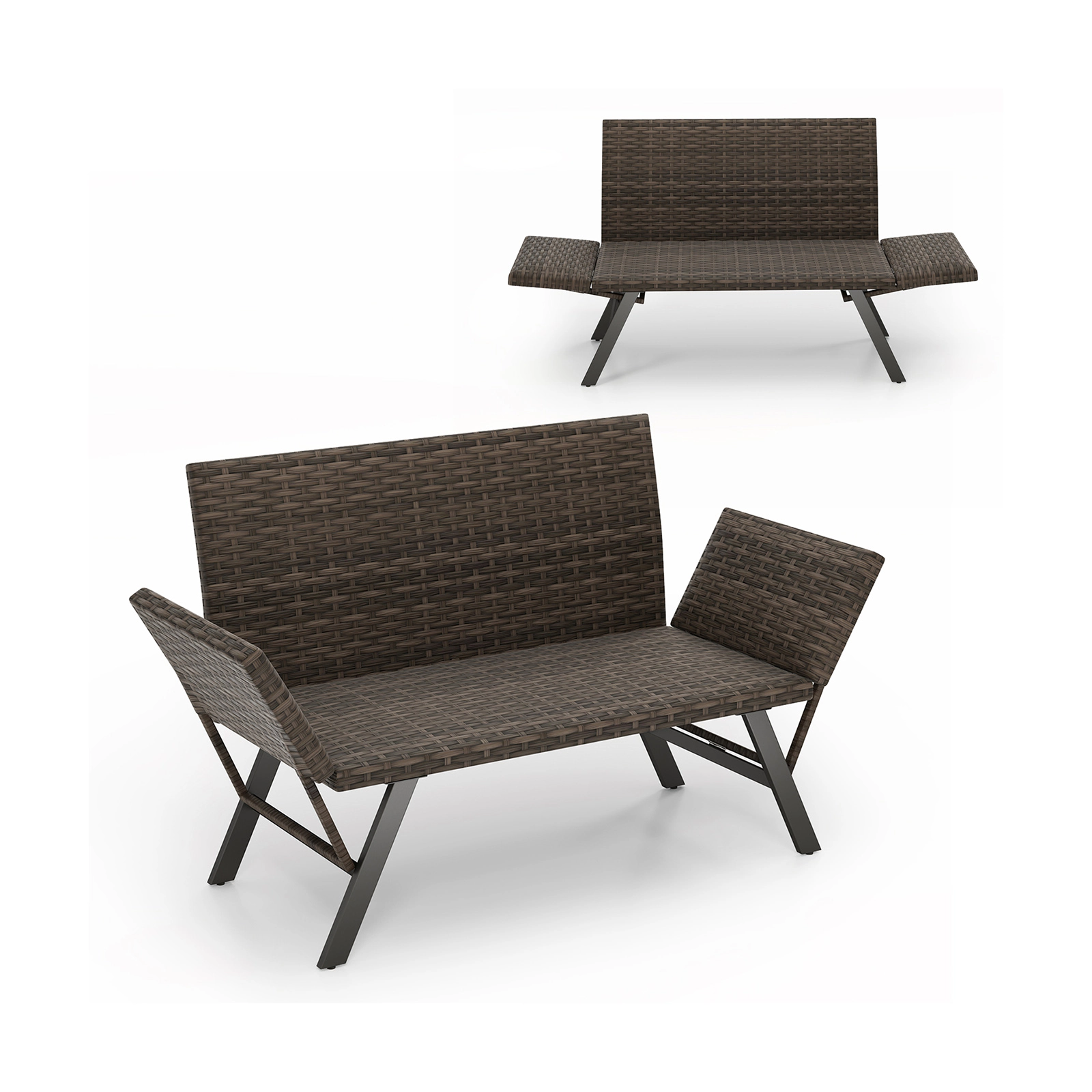 LJG Patio Convertible Sofa for 2 Quick Dry Foam Padded Rattan with Armrests