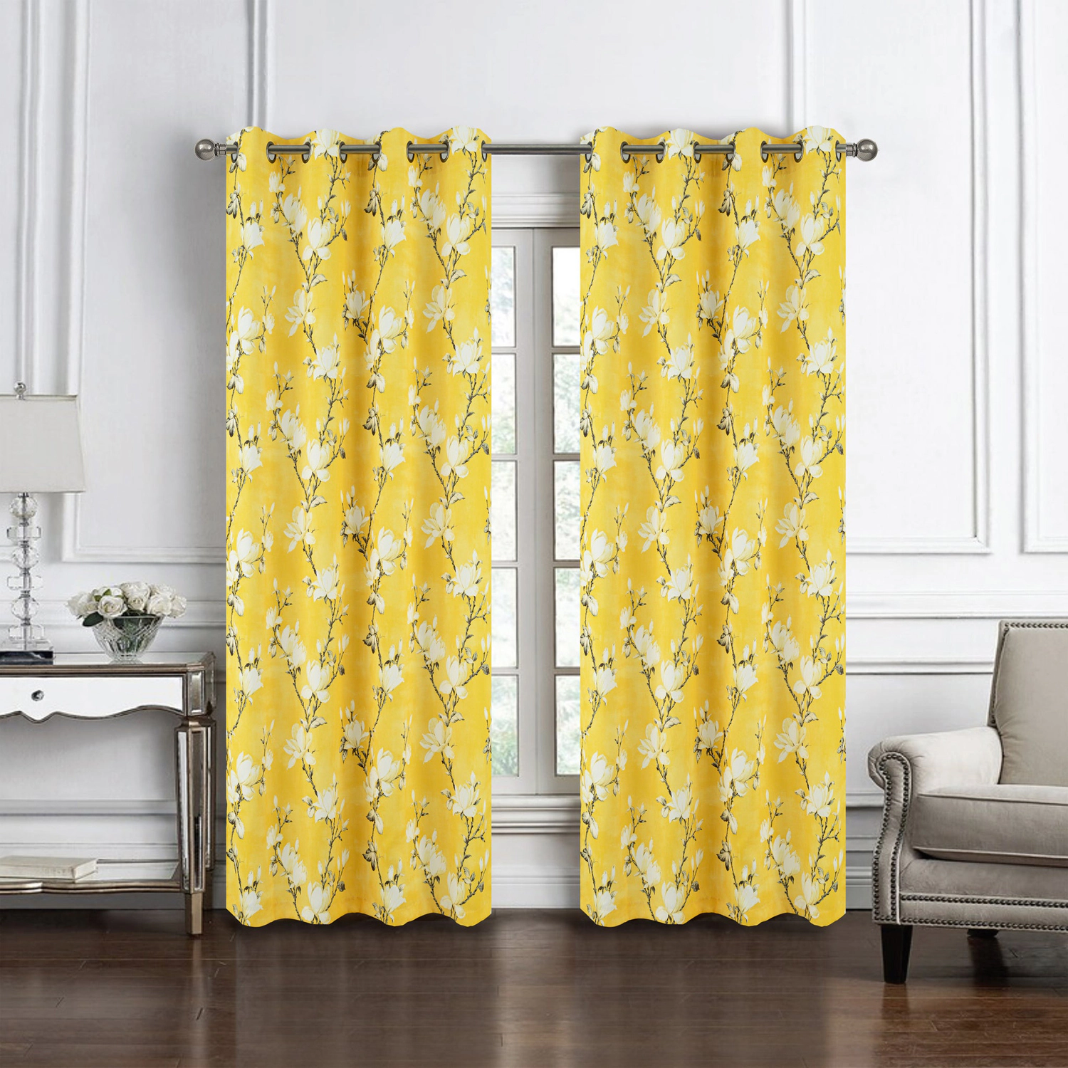 Olivia Gray 100% Polyester 200 GSM Blossom Printed Blackout Grommet Curtain Panel 54" x 84" Yellow