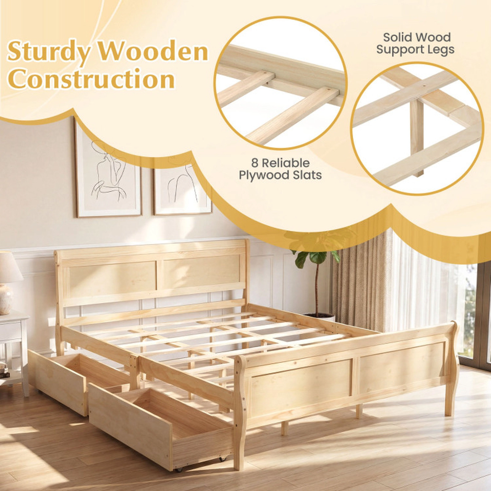 SUGIFT Natural 2 Storage Drawers and Curved Footboard Queen Size Wooden Bed Frame