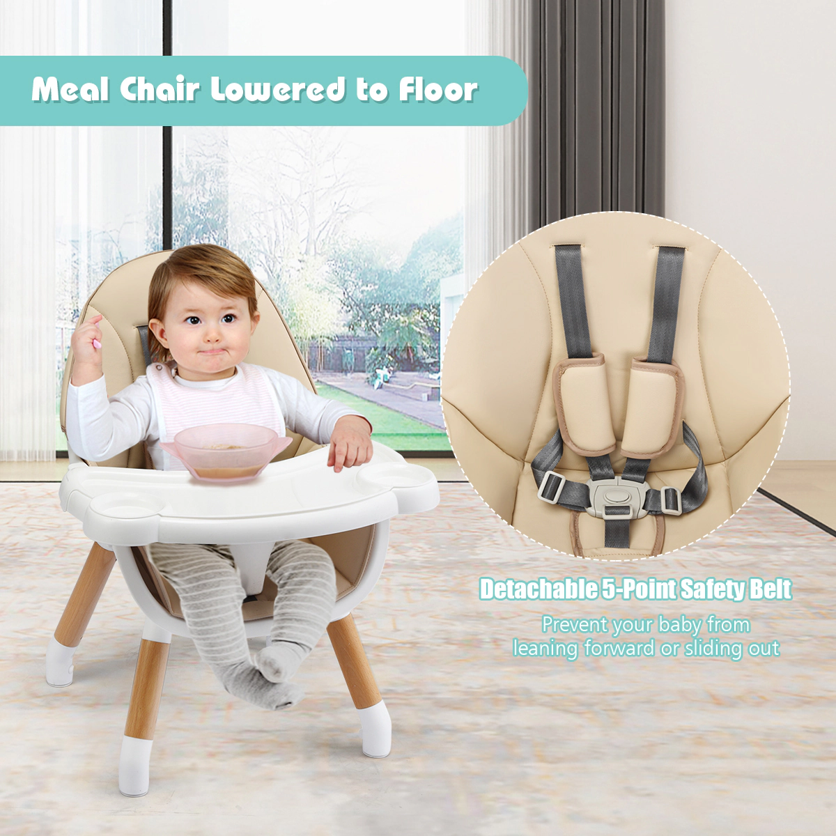 SUGIFT 5-in-1 Convertible Wooden High Chair with Table 33-lb Capacity Ages 6-36 Months Coffee/Black/Natural