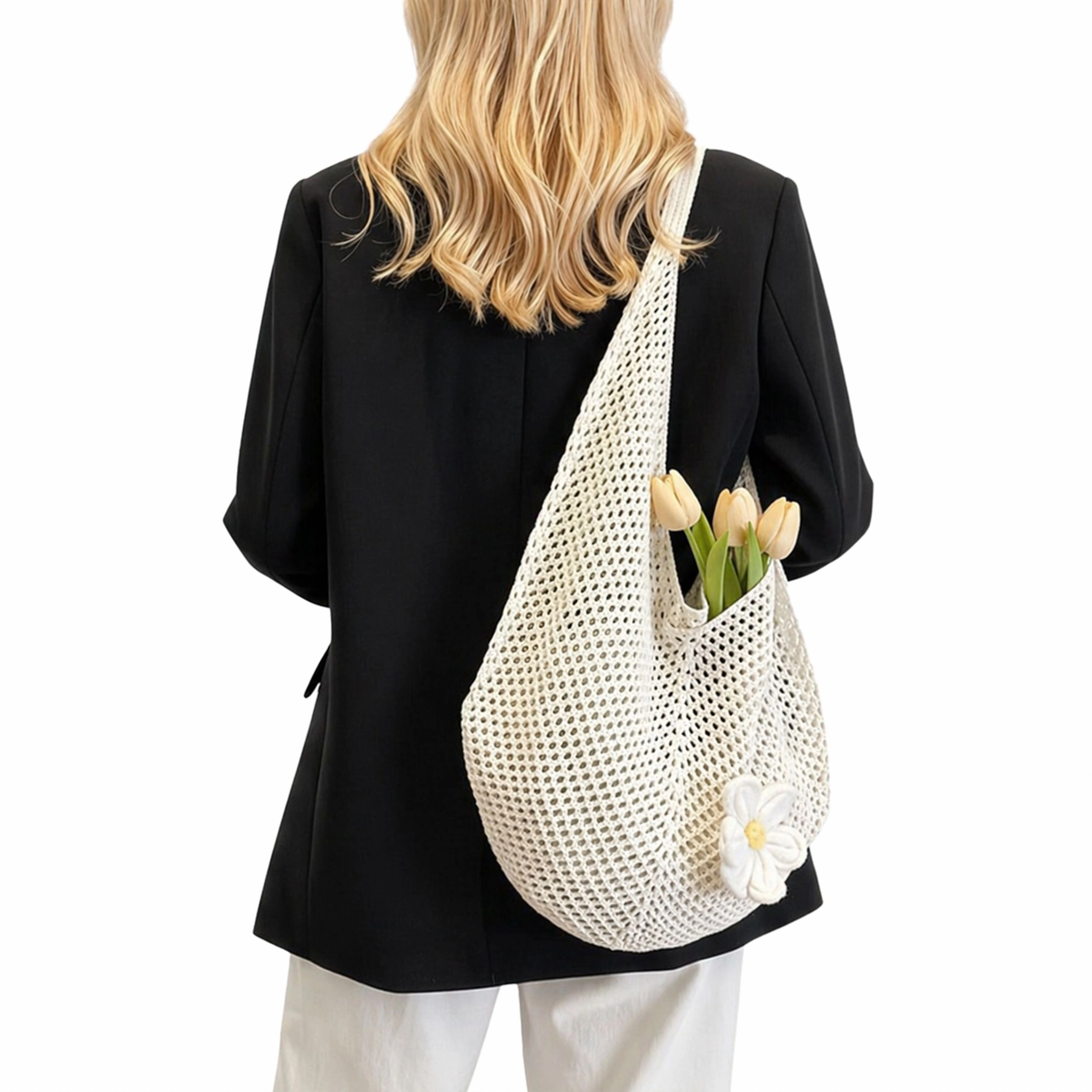 Alilang Women's Woven Crochet Hobo Shoulder Bag Lightweight Knit Slouchy Tote with Flower Detail, Beige