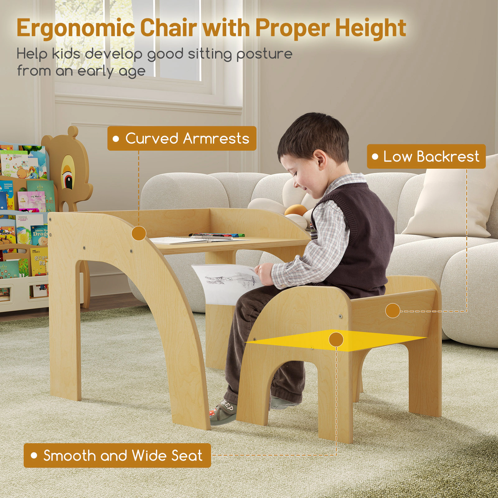 SUGIFT Natural Wide Tabletop and Curved Safety Edges Kids Table and Chair Set