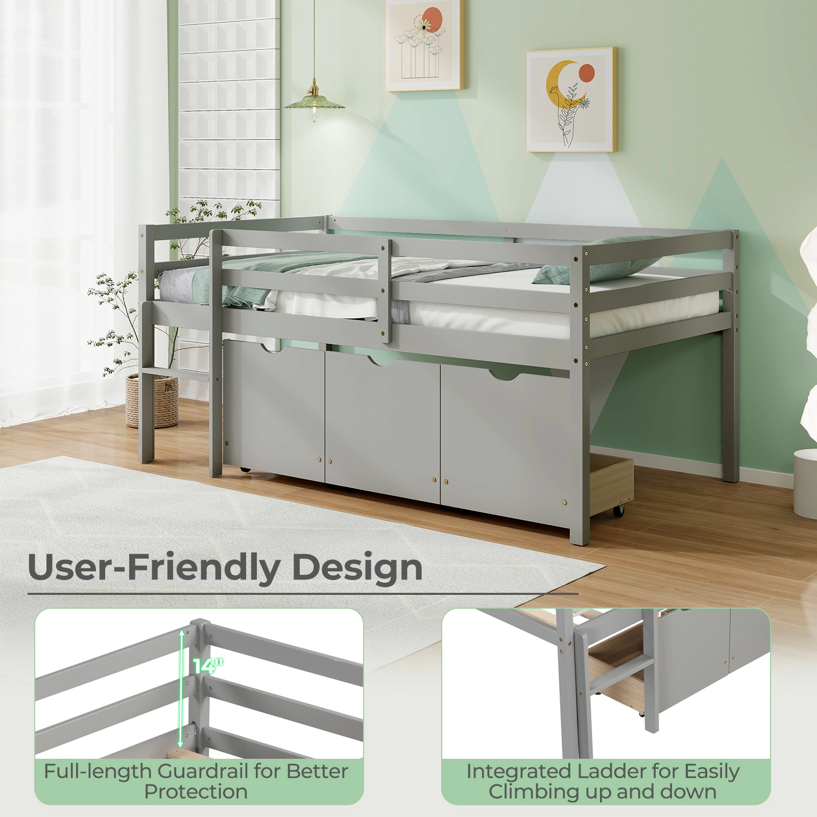 SUGIFT Gray 3 Drawers Ladder and Full-Length Guardrails Twin Kids Low Loft Bed