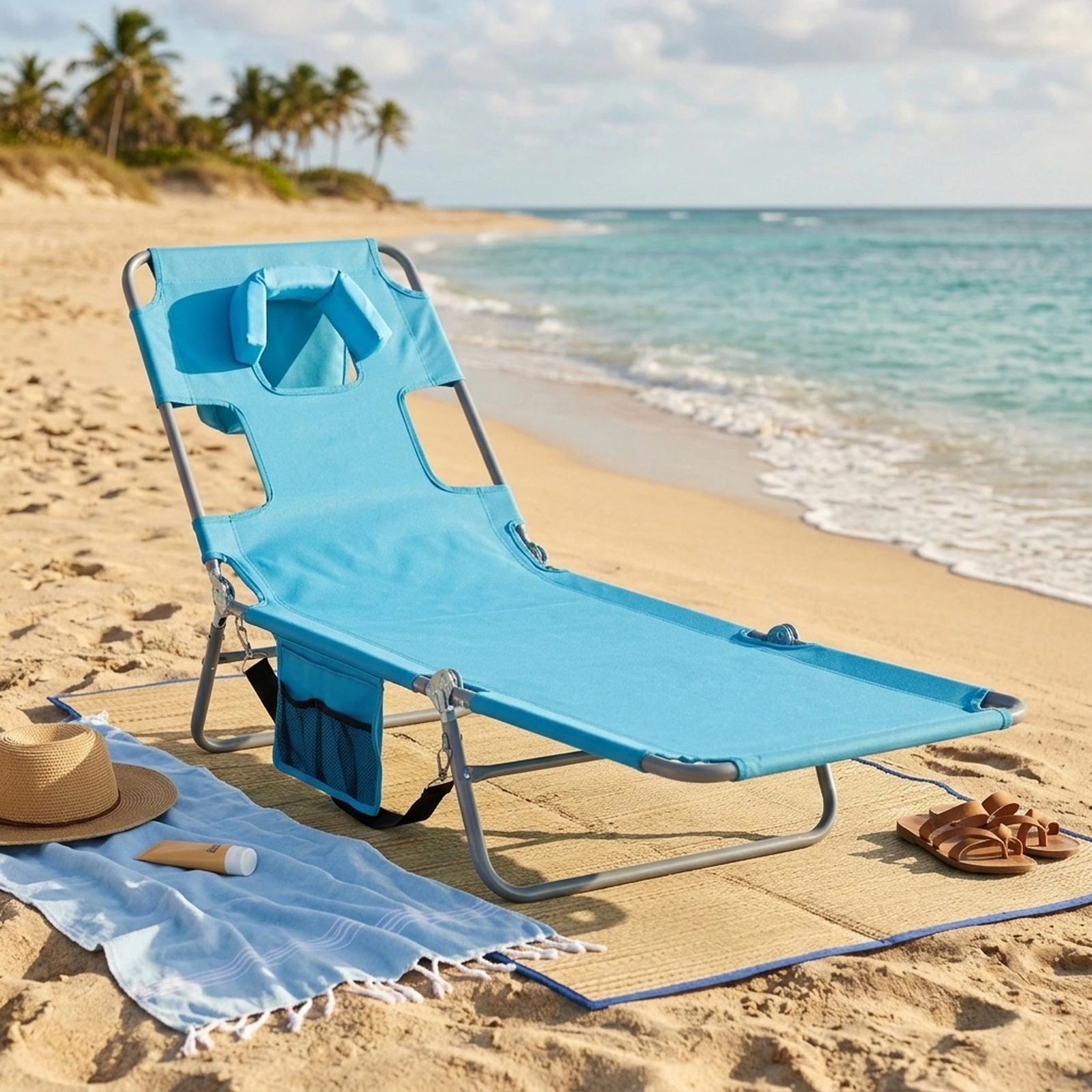 SUGIFT Turquoise Folding Beach Lounger Chair, 5-Position Backrest, Face and Arm Holes