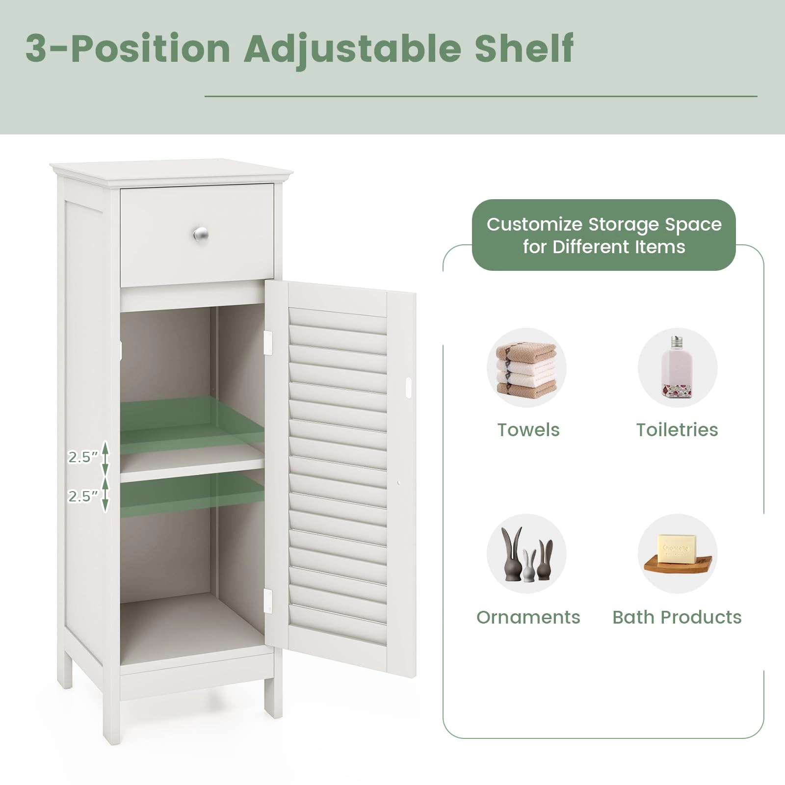 Glintex Slim Bathroom Cabinet with Shutter Door Drawer and Raised Bottom, White