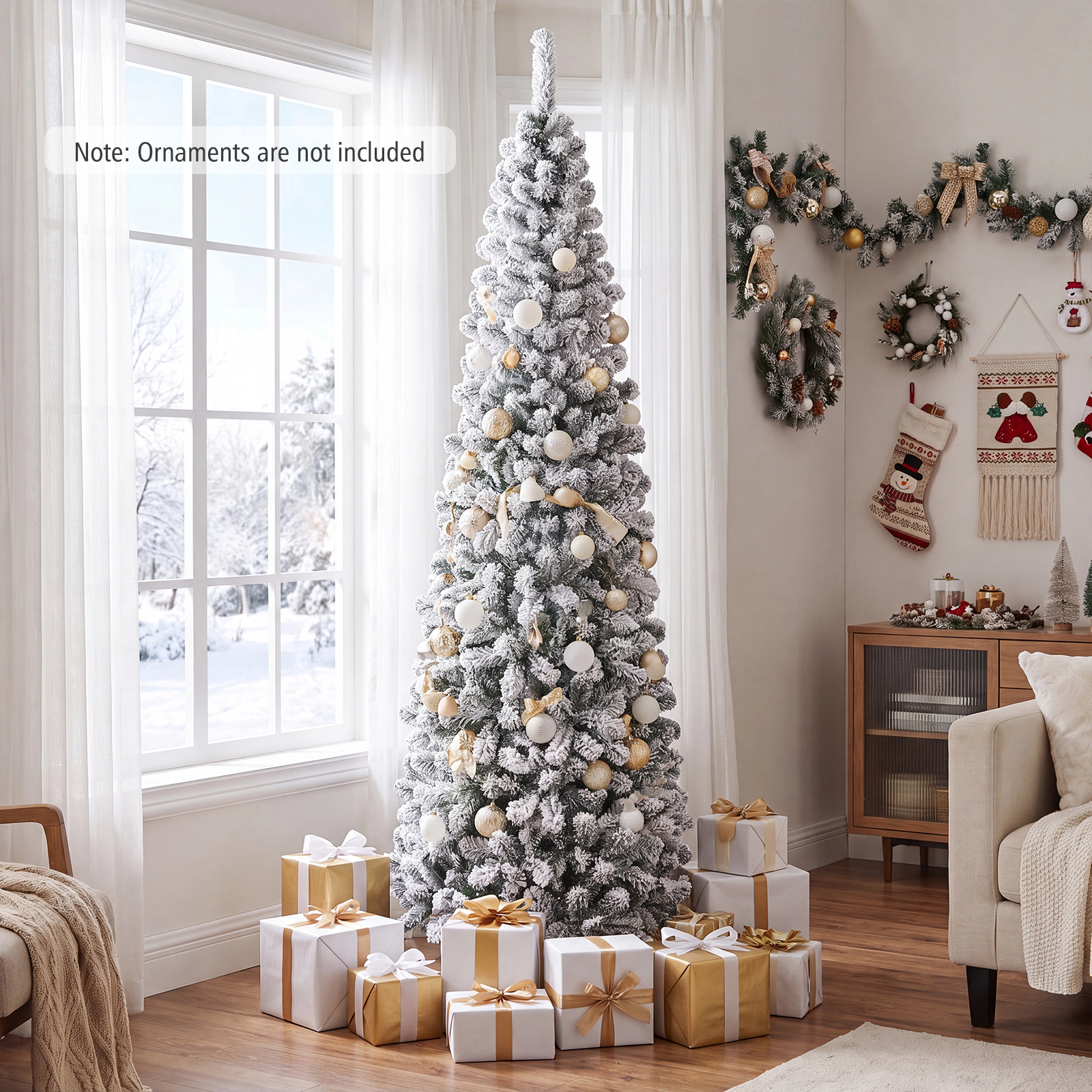 Costway 6 FT Unlit Flocked Pencil Christmas Tree Hinged with 500 Branch Tips