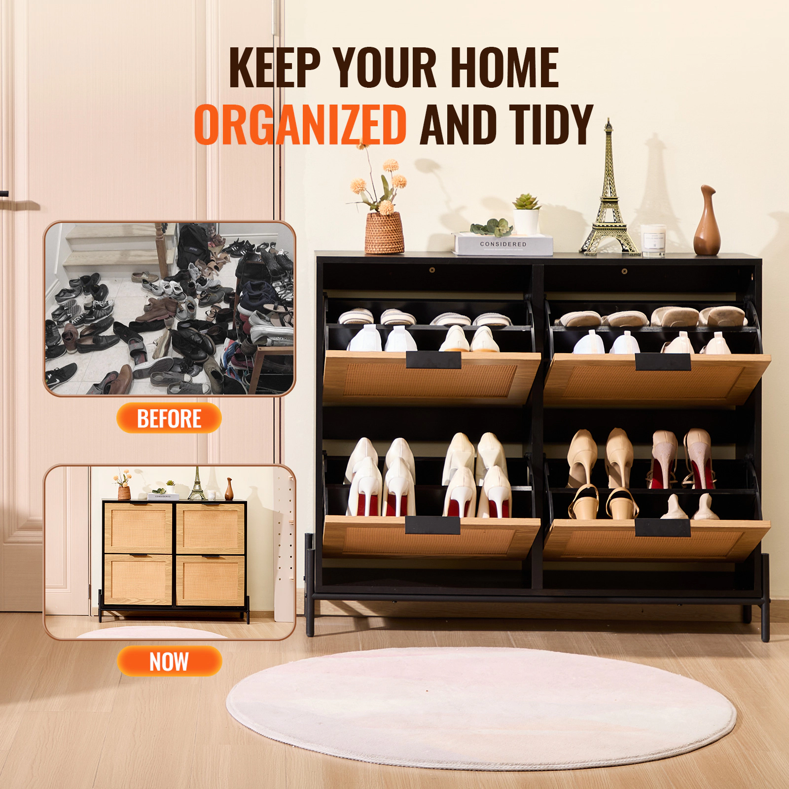 HONGGE Narrow Rattan Shoe Cabinet with Flip Drawers, Slim Entryway Storage Organizer with Metal Legs for Closet Hallway