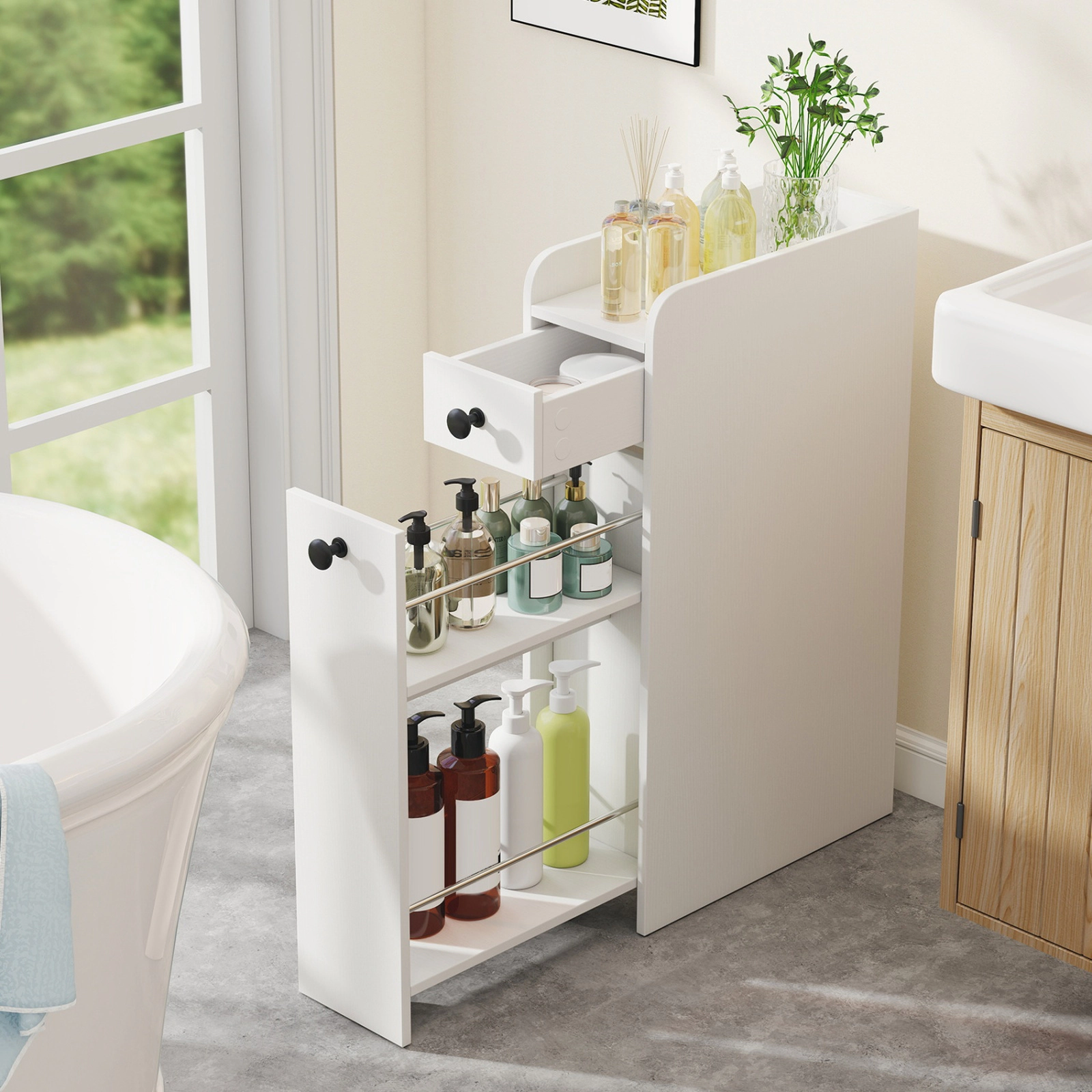 SUGIFT 4-Tier Slide Out Drawers Casters Narrow Bathroom Storage Cabinet 16-in x 7-in x 27.5-in 66-lb Capacity White
