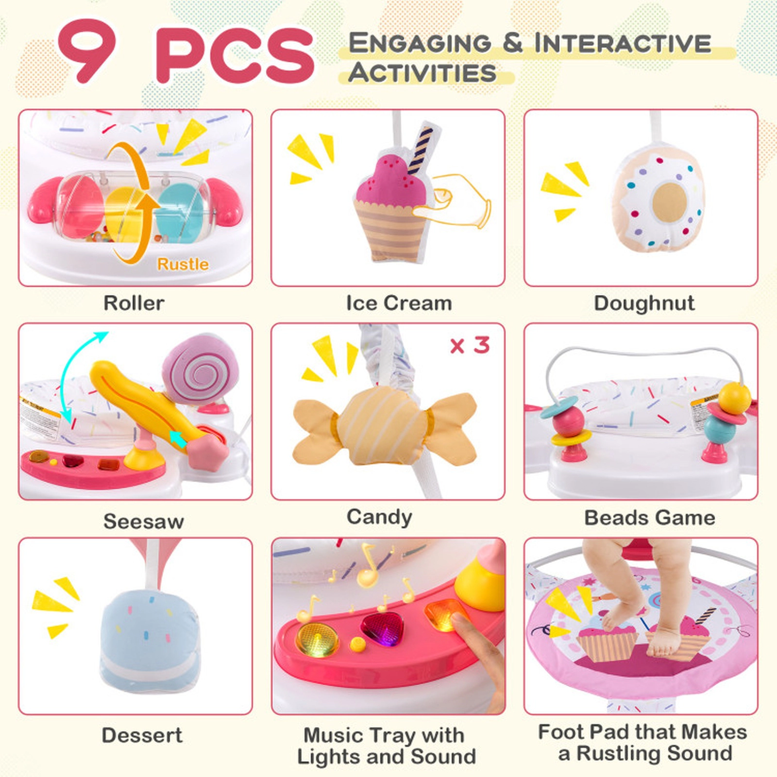 SUGIFT Baby Pink Bouncing Saucer Activity Center with Music Tray and 10 Toys 34.5-in Dia 26-lb Seat Capacity