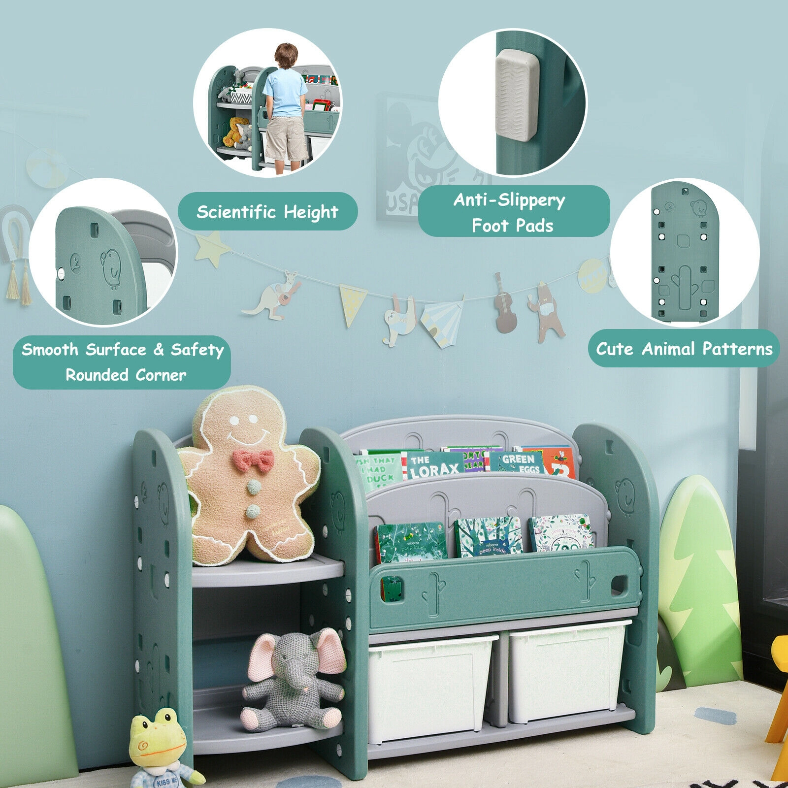 SUGIFT Kids 2-Tier 2 Open Shelves 2 Detachable Bins HDPE Toy Storage Bookshelf 46.5-in x 14-in x 30-in Ages 3+ Green
