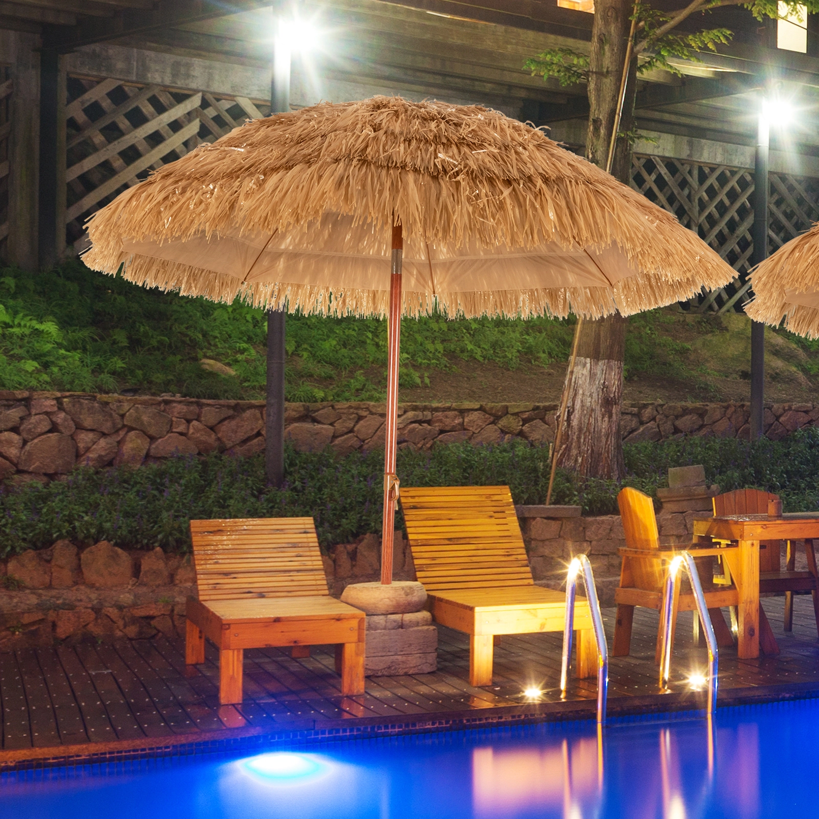 SUGIFT 6.5-ft Portable Thatched Tiki Beach Umbrella with Adjustable Tilt Iron Pole Khaki