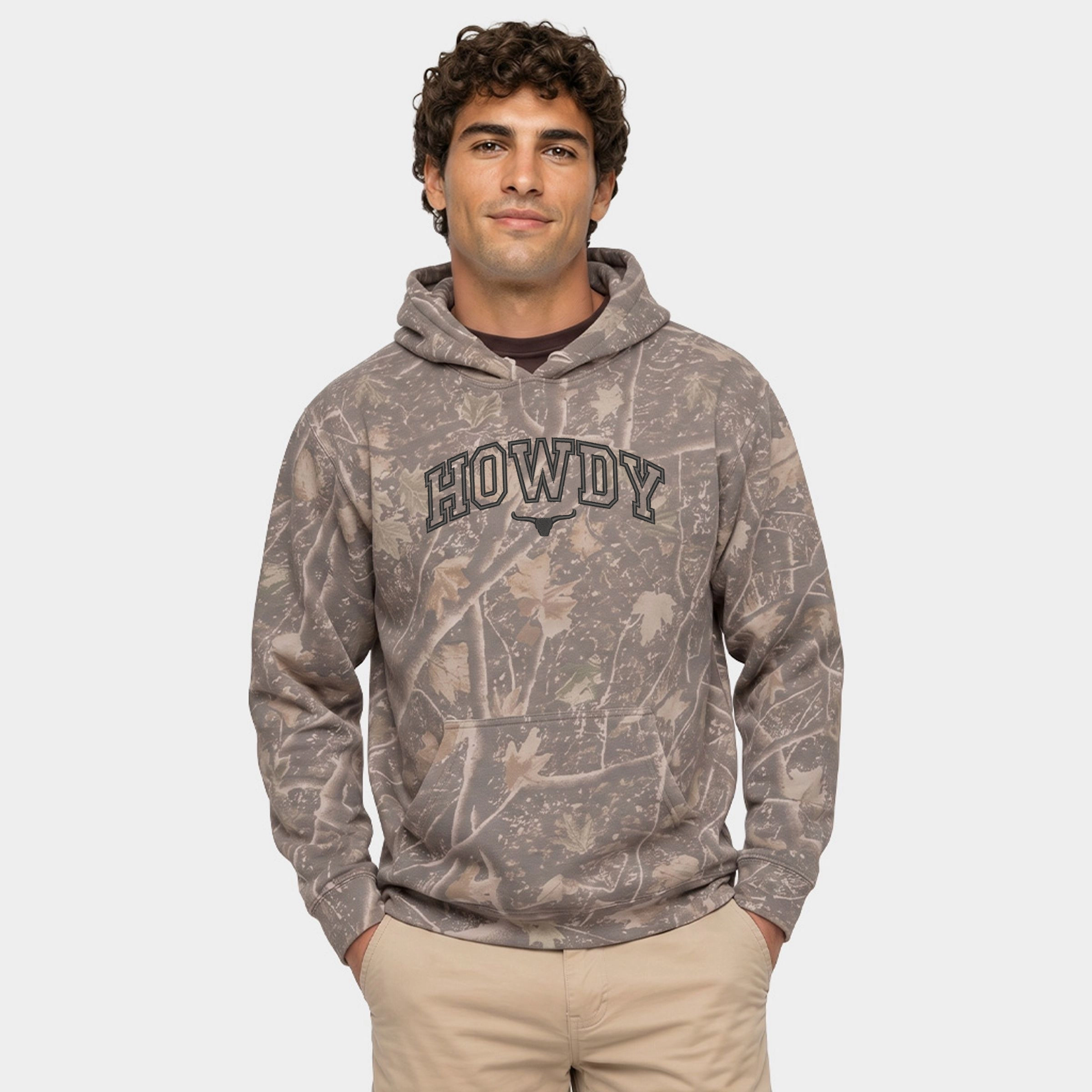 Simply Sage Market - Men's Camo Hoodie Embroidered Howdy Bull Varsity