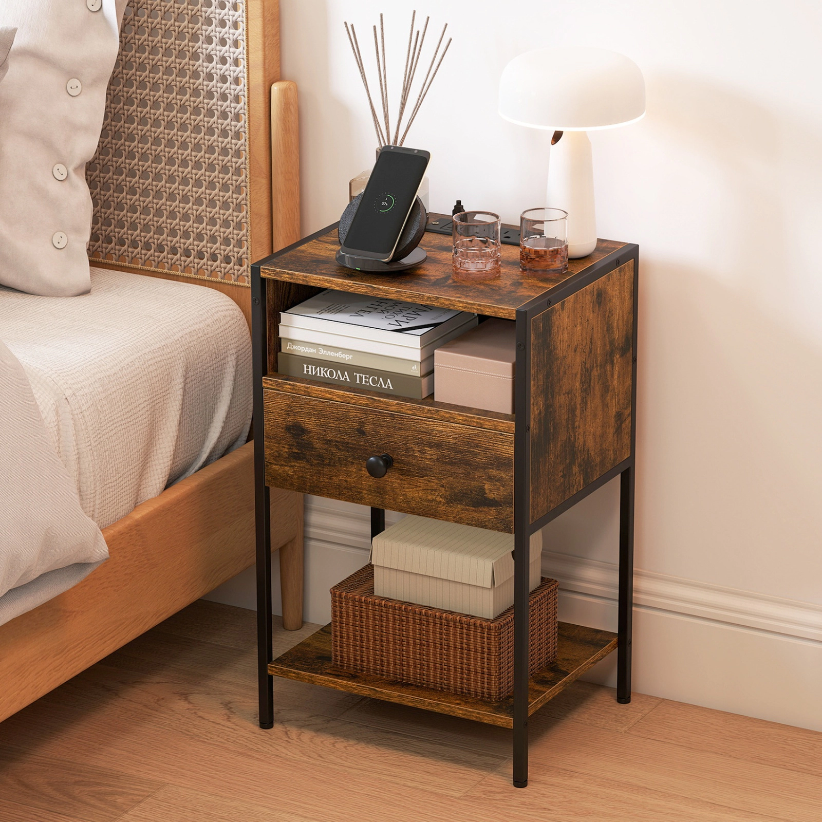 SUGIFT 25.5-In Rustic Brown Nightstand with Charging Station