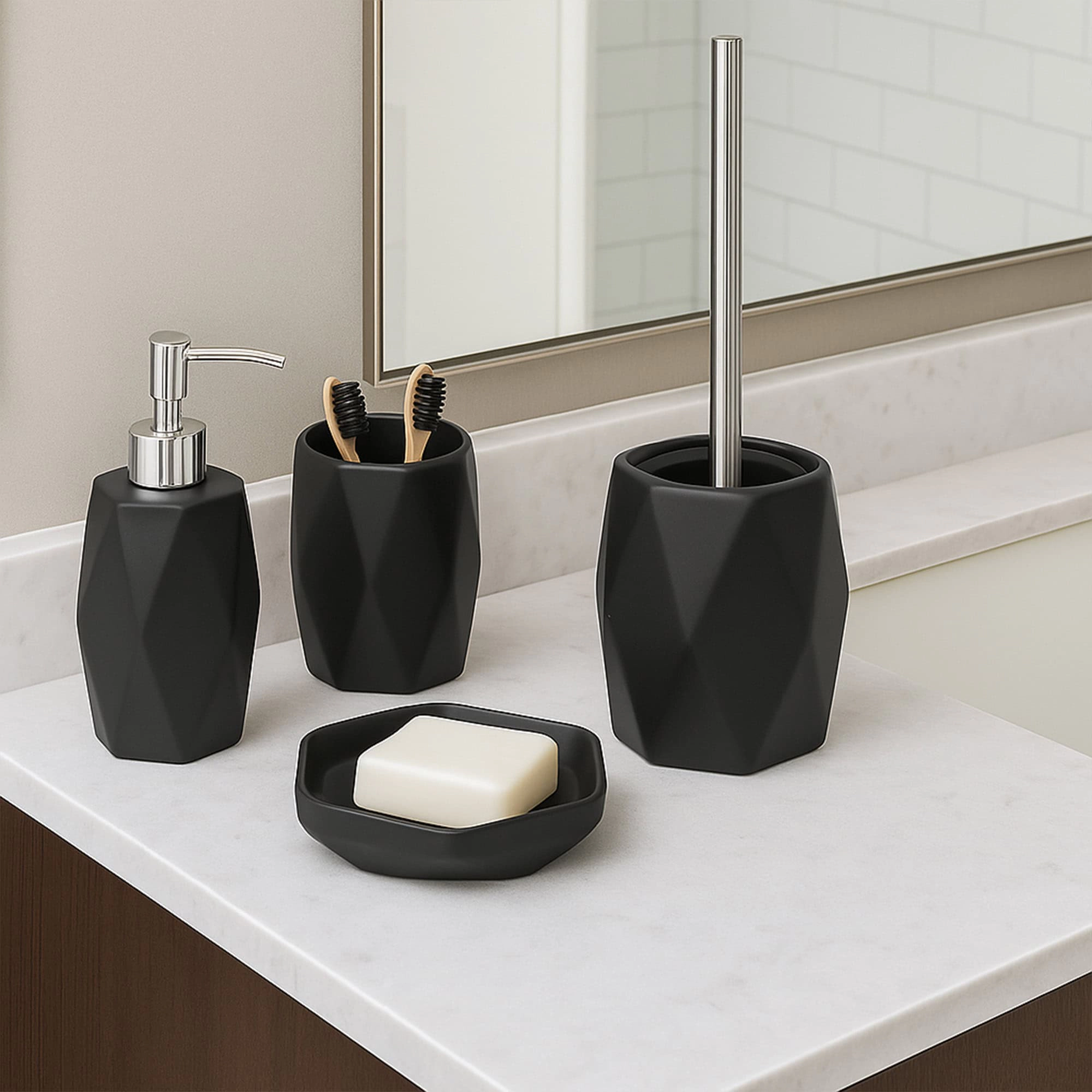 Evideco Diamond Stoneware Toilet Brush Set, Matte, 2-Piece