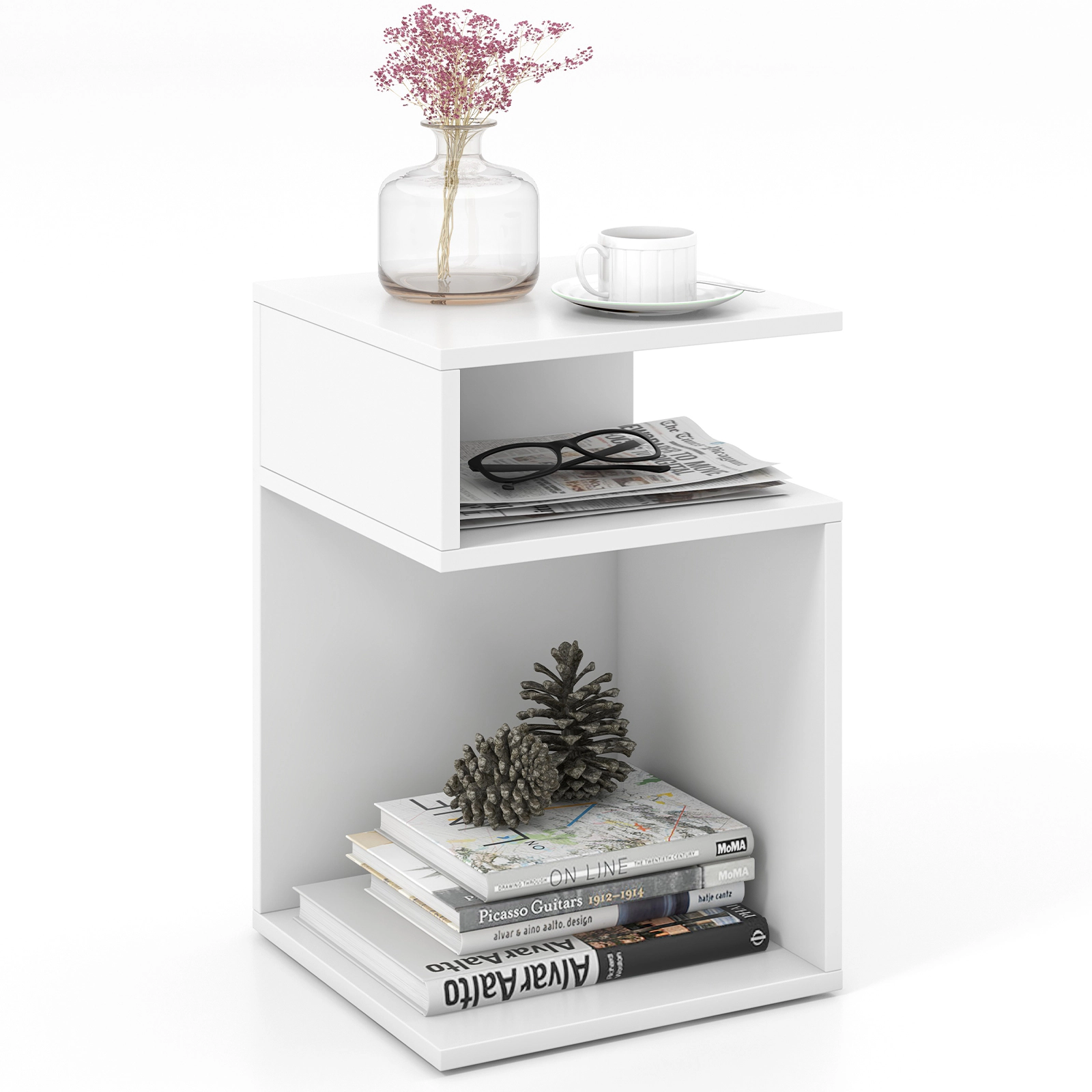 LJG S-Shaped Side Table with Unique S-Shaped Frame and 2 Open Compartments