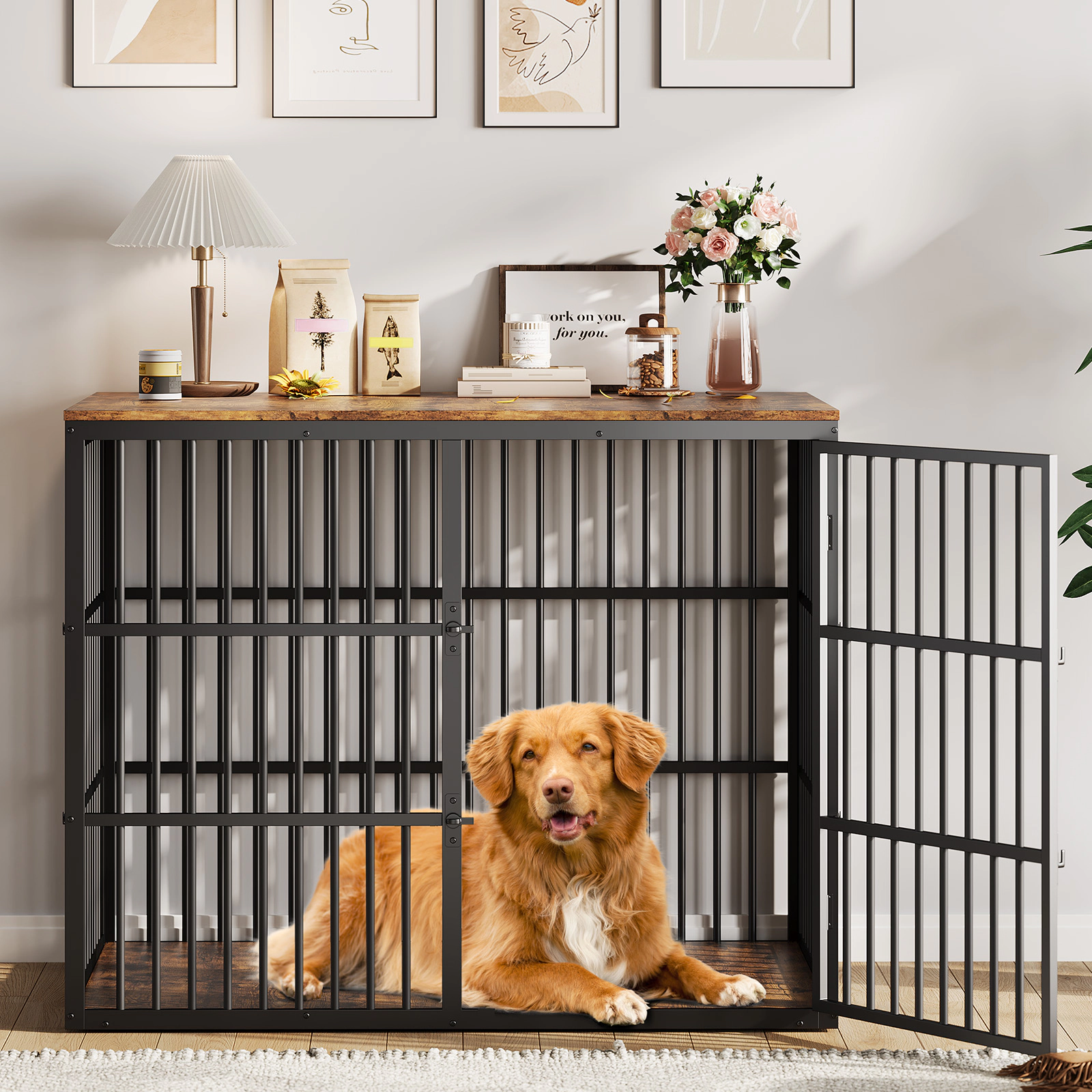 48" 3-in-1 Wooden Dog Crate Furniture with 3 Lockable Doors, Heavy Duty Metal Frame, End Table for Medium Dogs