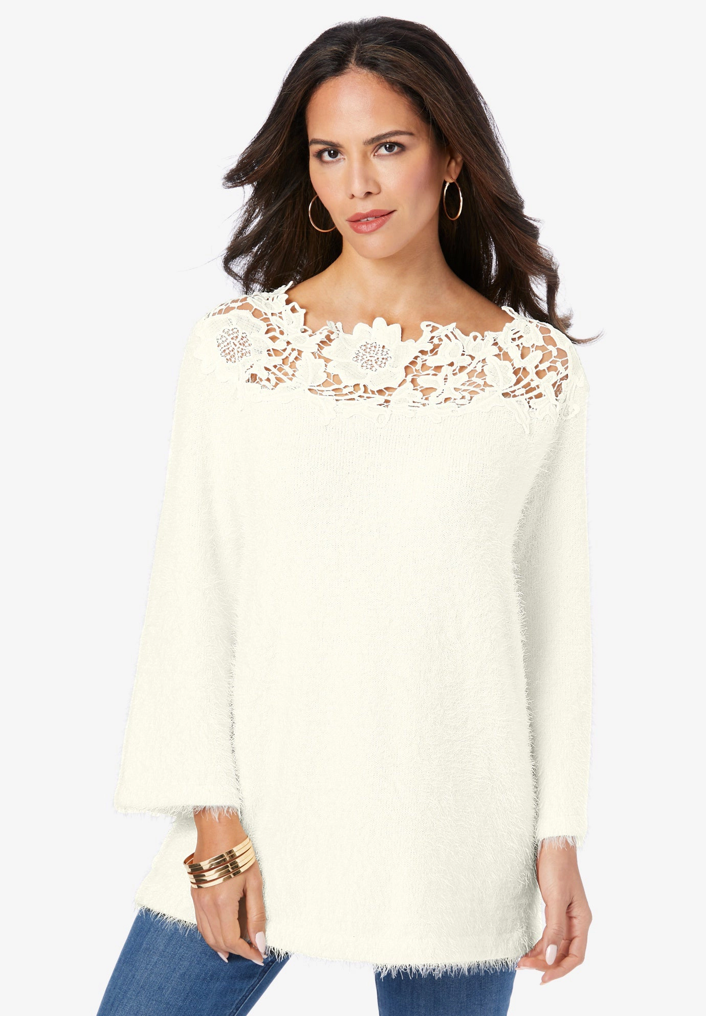 Roaman's Women's Plus Eyelash Lace Neck Sweater