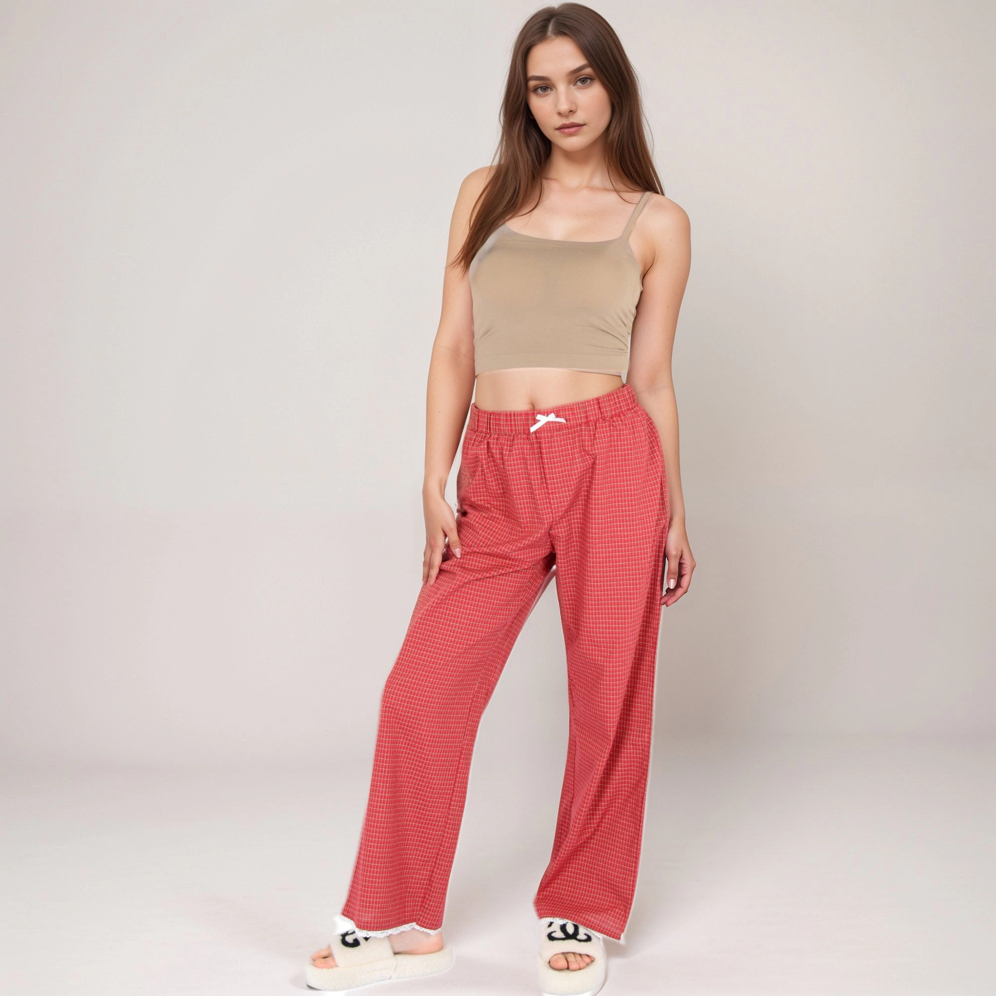 Anna-Kaci Women's Red Checkered Lounge Pants with Elastic Waistband Bow Tie Detail and Relaxed Full-Length Wide Leg Fit