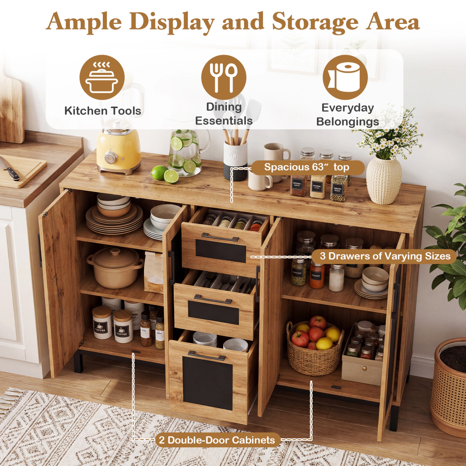 Glintex 63-Inch Sideboard with 3 Drawers and 2 Double-Door Cabinets, Natural + Black