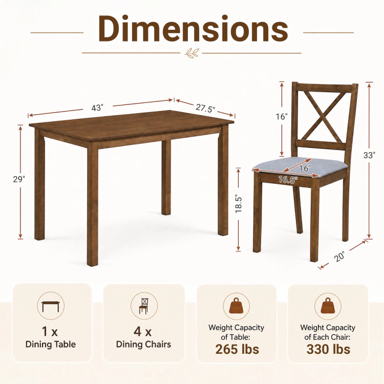 Hivvago 5-Piece Dining Set With Rectangular Table & Fabric Chairs For Small Space