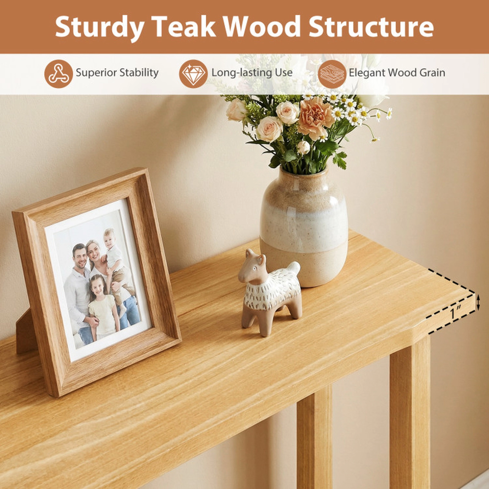 SUGIFT 47-in Teak Wood Console Table with 1-in Thick Top 44-lb Tabletop Capacity 2-Tier Storage Shelf Natural