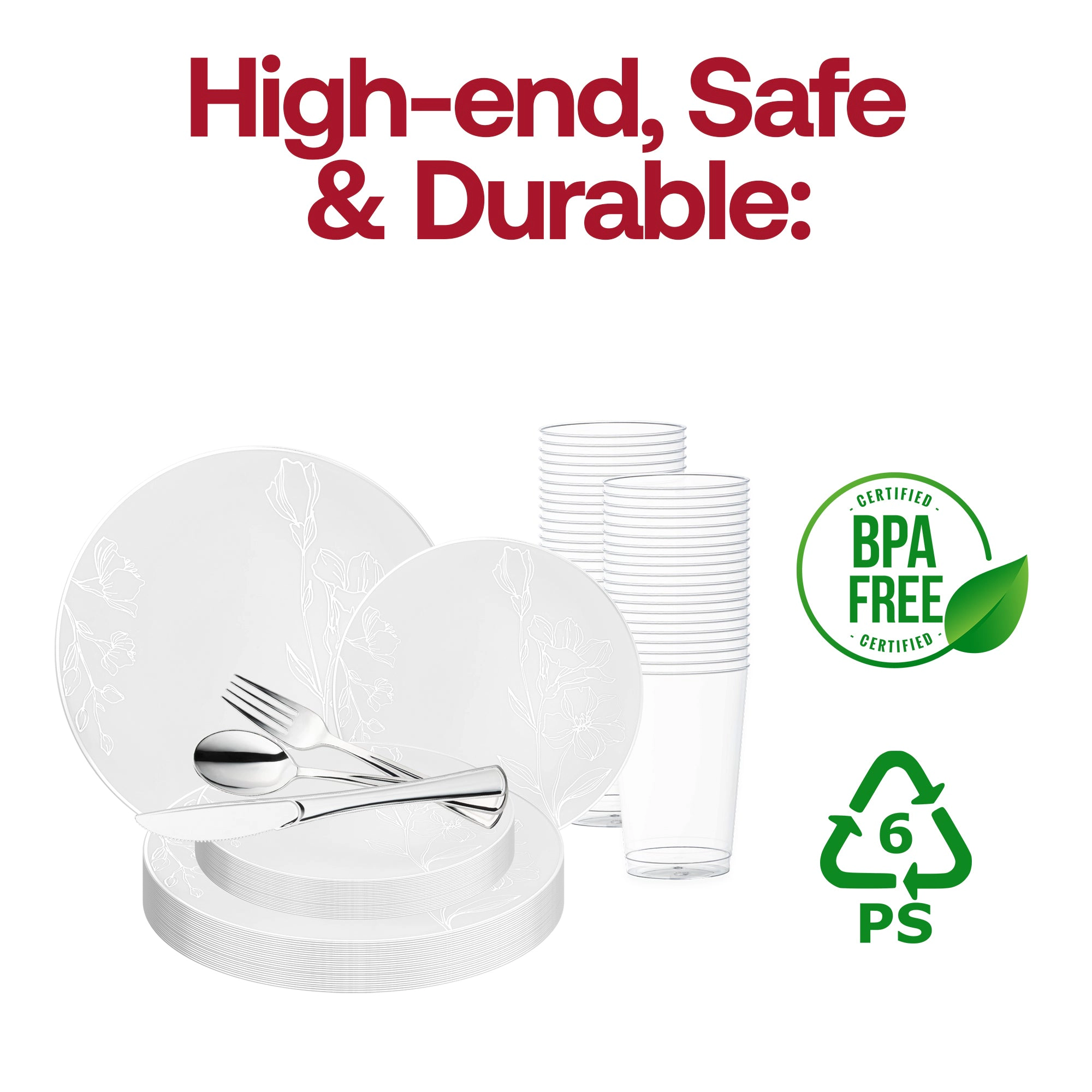 Smarty Had A Party White with Silver Antique Floral Round Disposable Plastic Wedding Value Set
