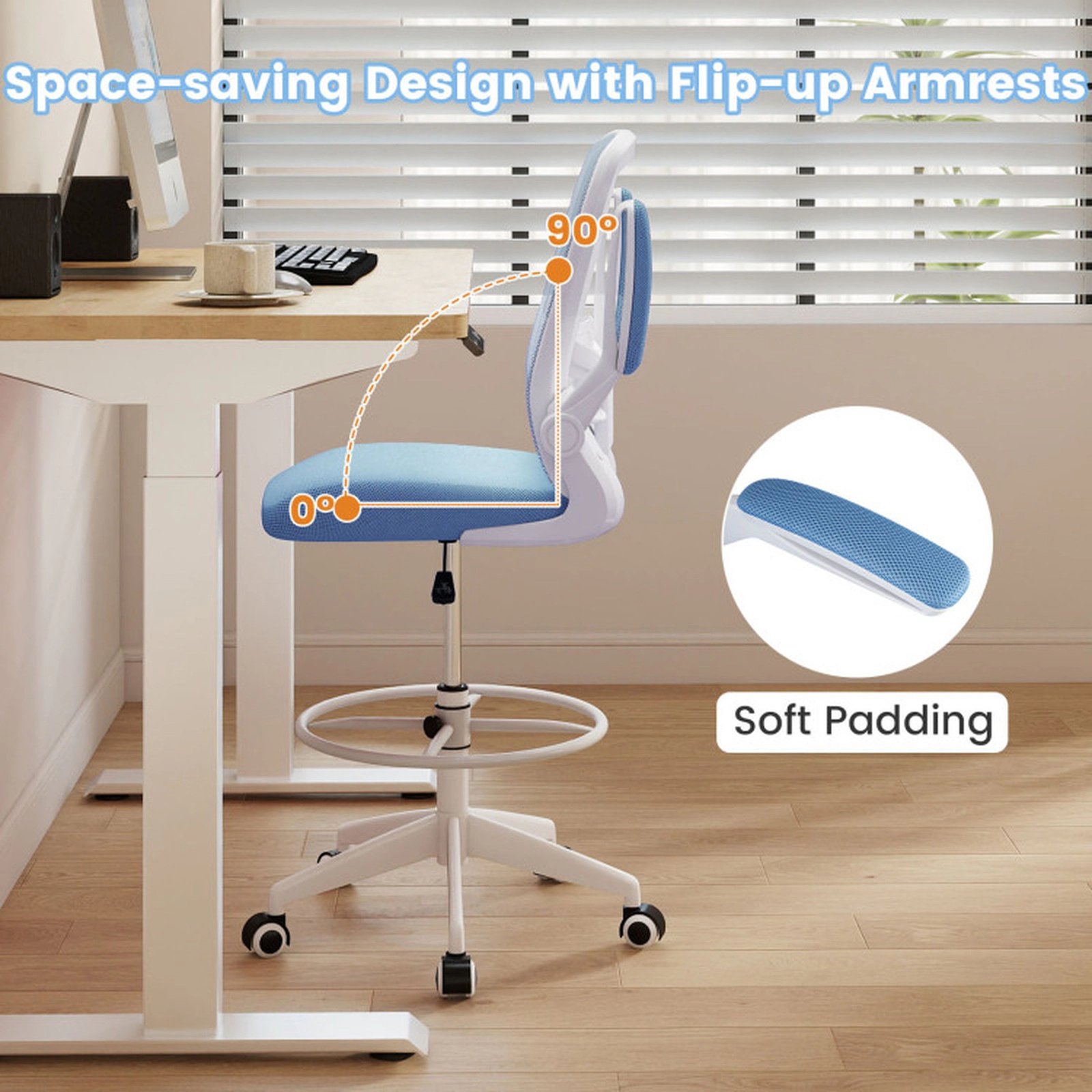 SUGIFT Height Adjustable Drafting Chair with Flip Up Arms 300-lb Capacity Blue