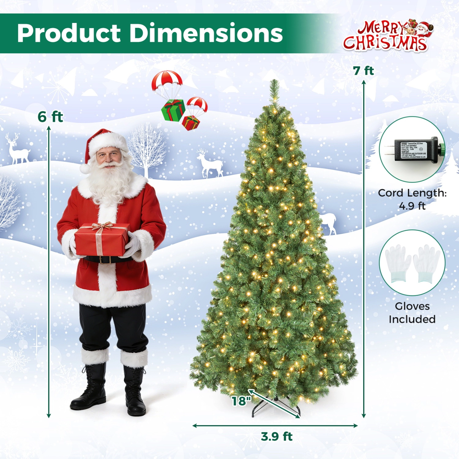 LJG 6/7/8 Feet Hinged Christmas Tree with PVC Branch Tips Warm White LED Lights-7 ft