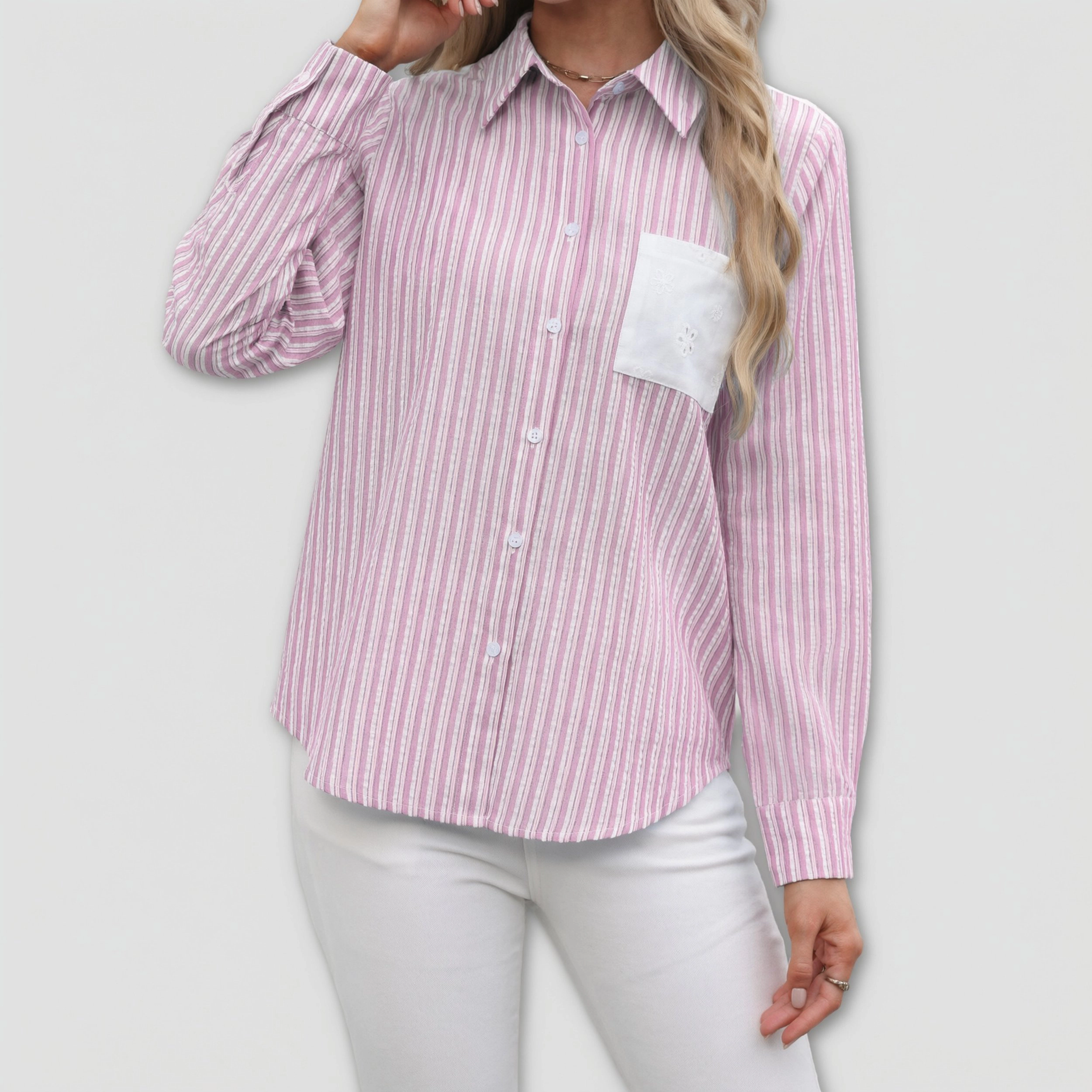 Zeagoo Women's Stripe Eyelet Floral Embroidered Color Block Long Sleeve Button Down Shirt
