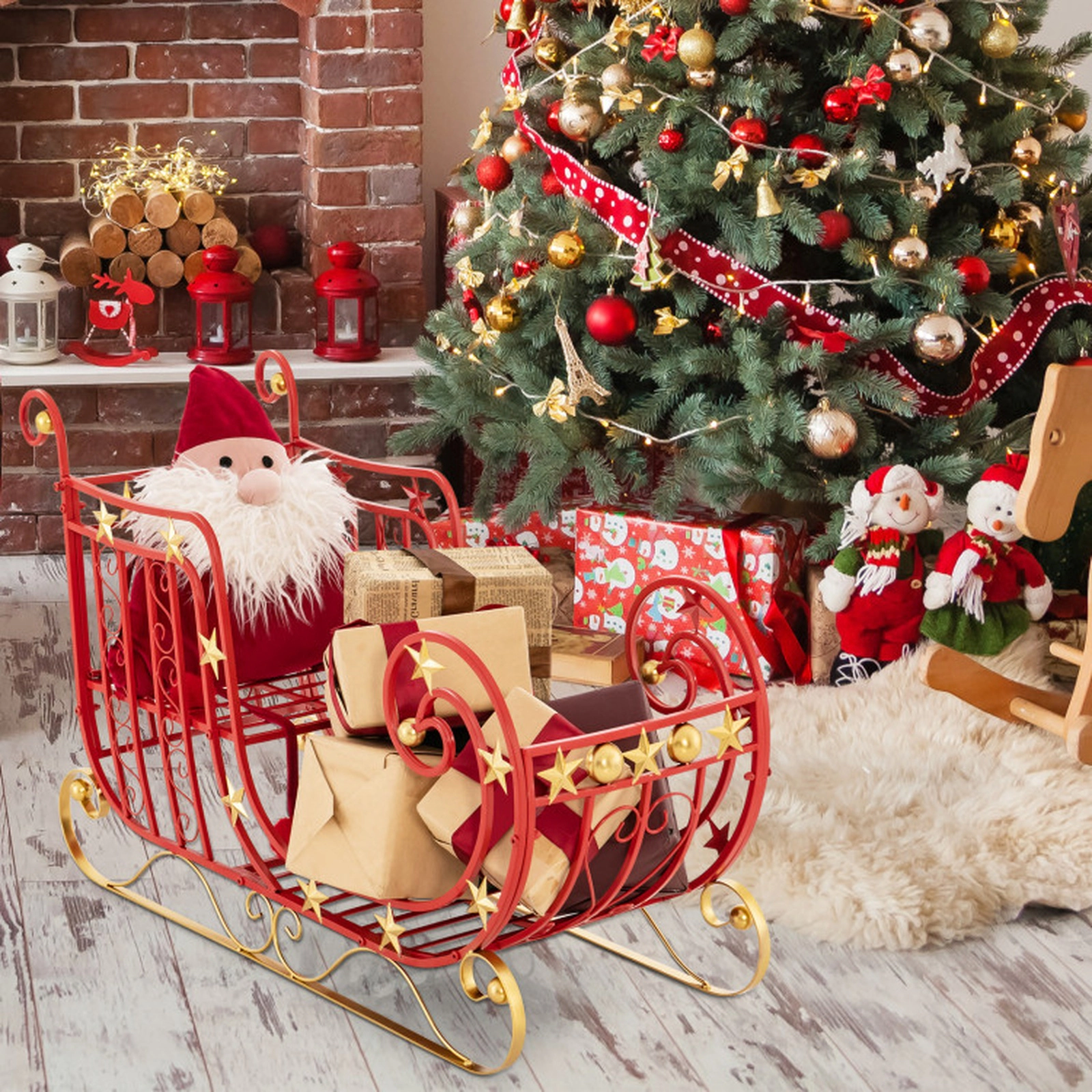 SUGIFT Red and Gold Metal Christmas Santa Sleigh Decor with Large Cargo Area 39-in W 14-in D 24-in H