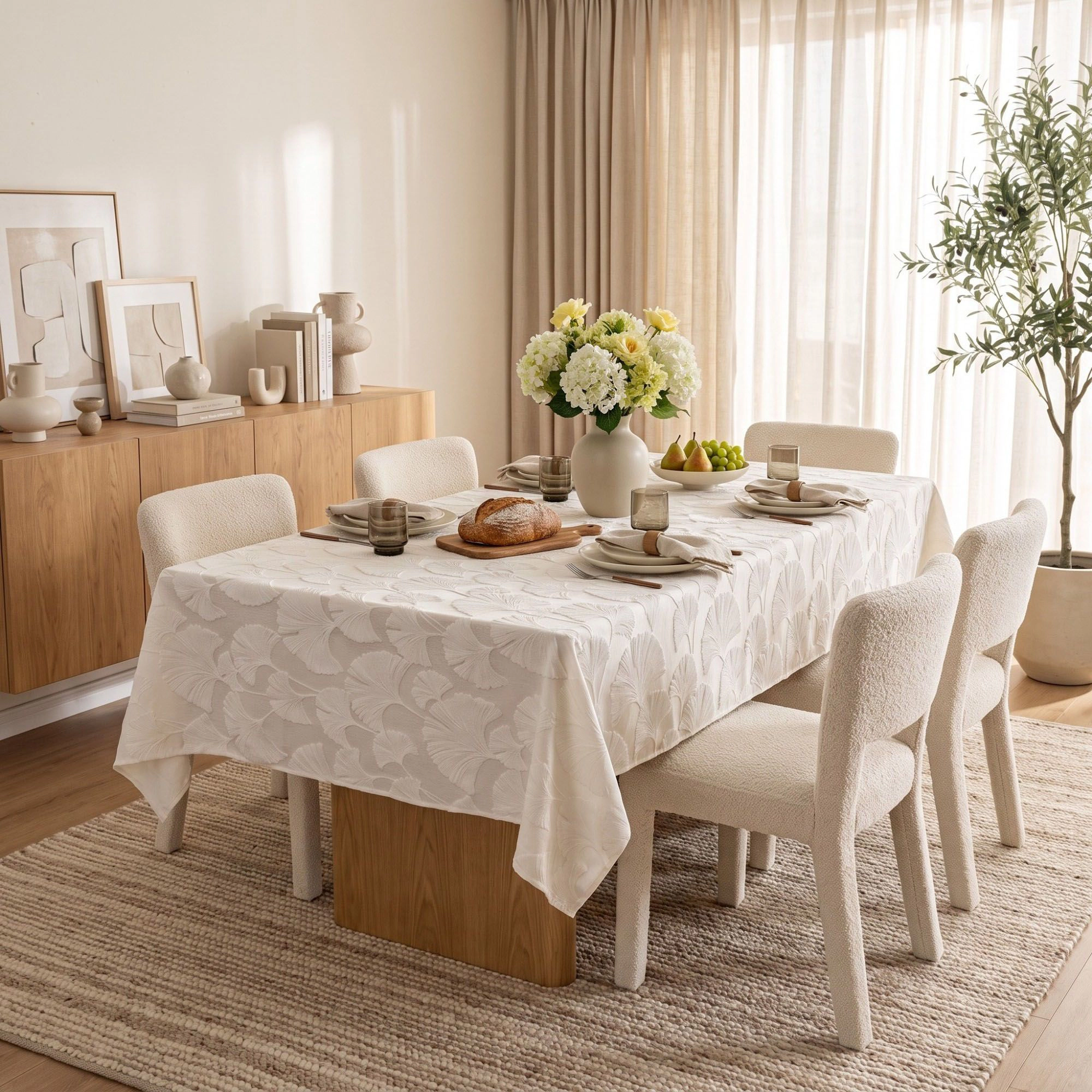 Alilang Unisex White Textured Ginkgo Leaf Square Tablecloth 33.5x33.5in