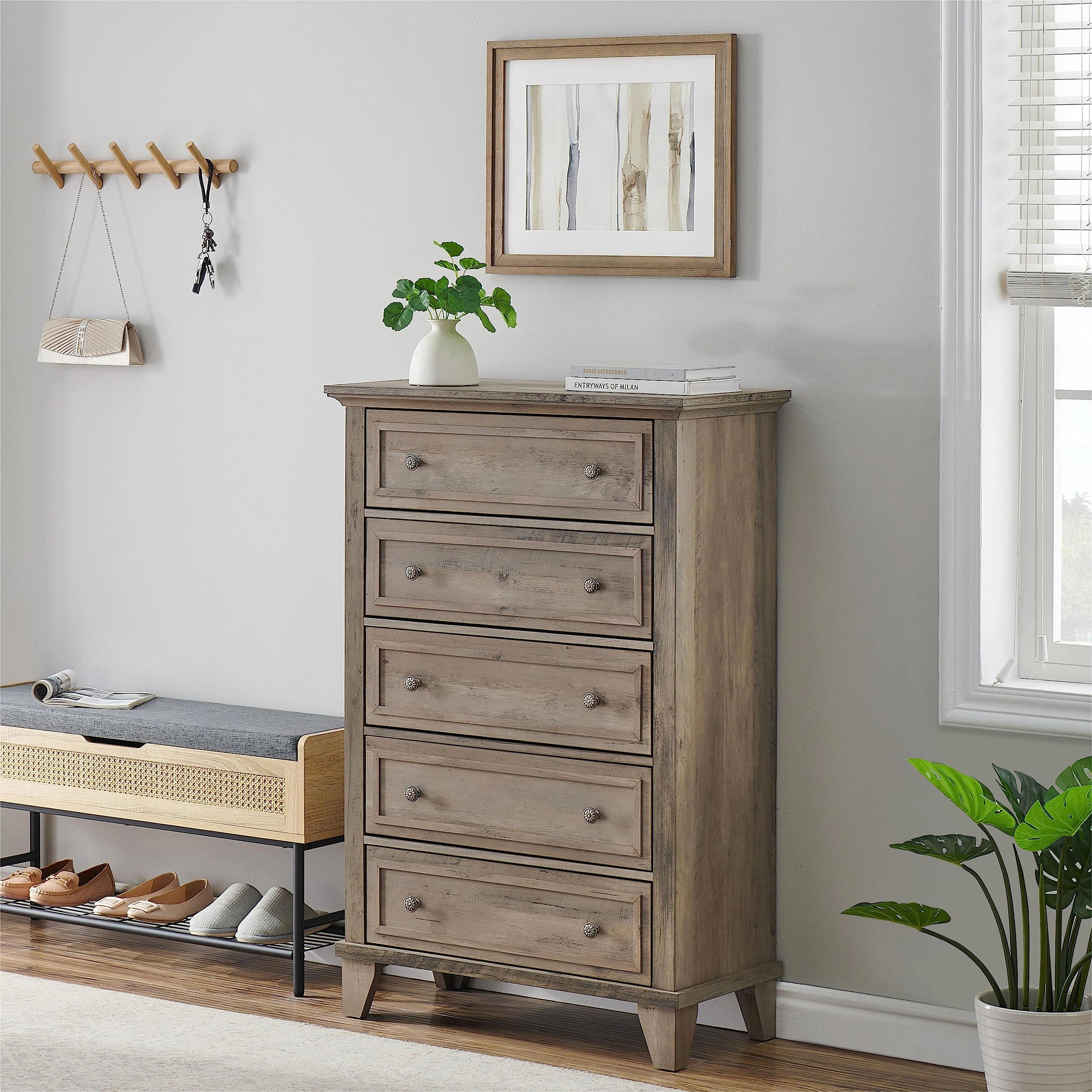 5 Drawer Modern Wood Dresser with Metal Handles, 48" Tall Storage Chest for Bedroom Entryway Hallway