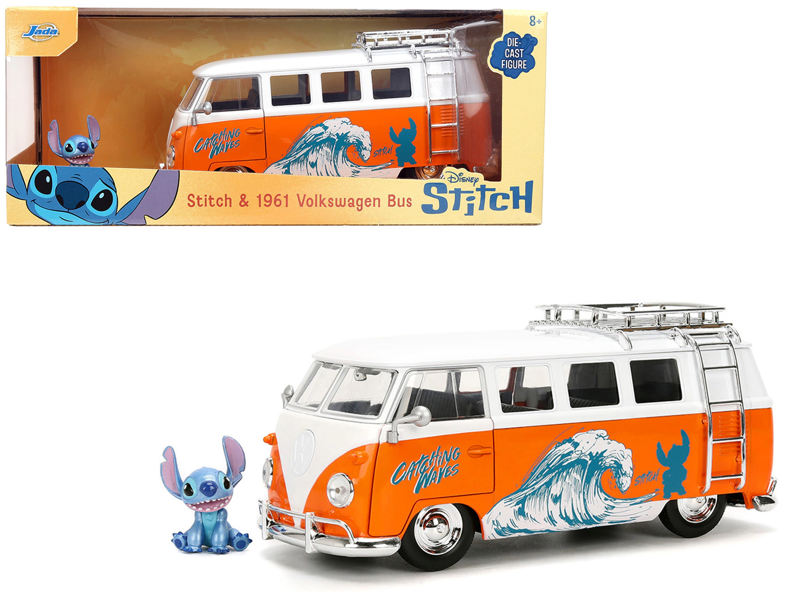 Jada 1961 Volkswagen Bus "Catching Waves" White and Orange with Stich Diecast Figure "Disney's Stitch"