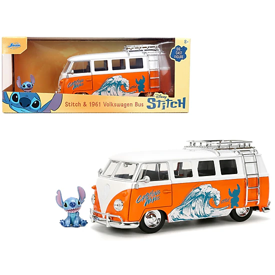 Jada Collectible 1961 Volkswagen Bus "Catching Waves" White And Orange With Stich Diecast Figure "Disney'S Stitch"