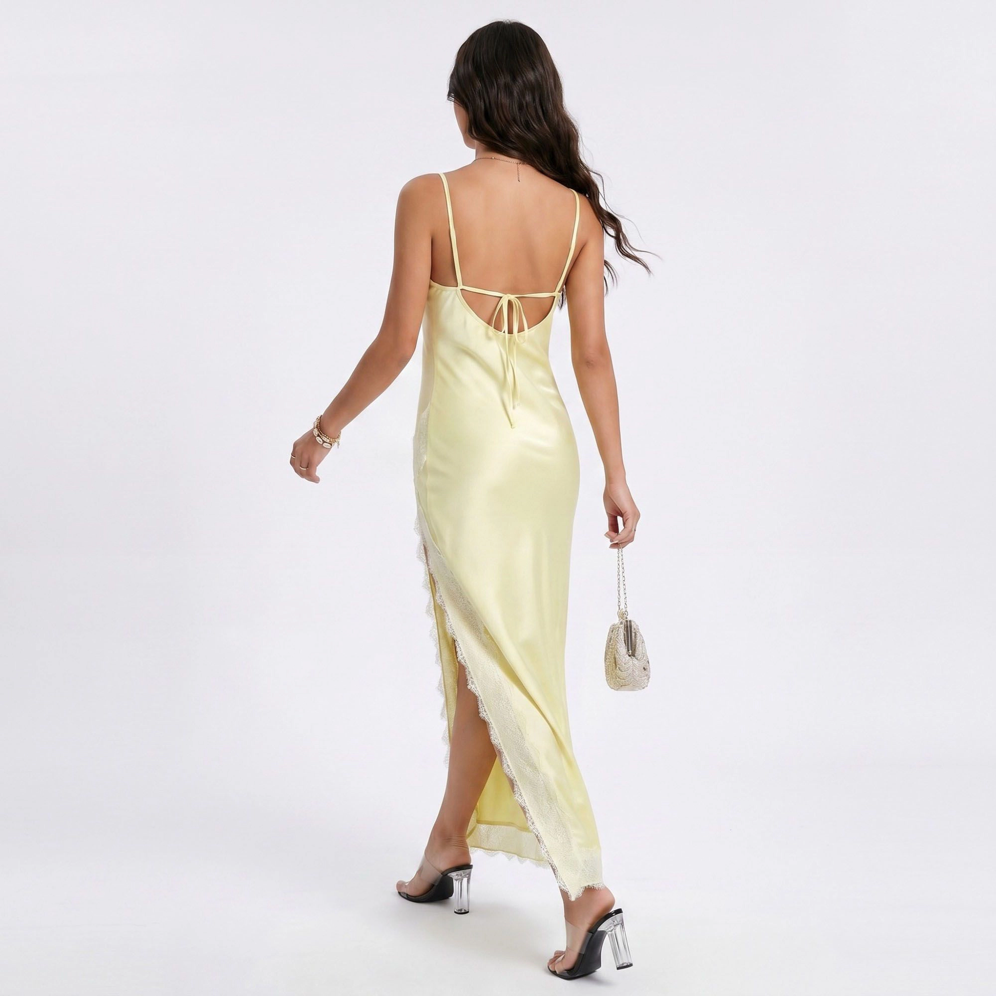 Anna-Kaci Women's Satin Lace Trim Tie Back Maxi Slip Dress