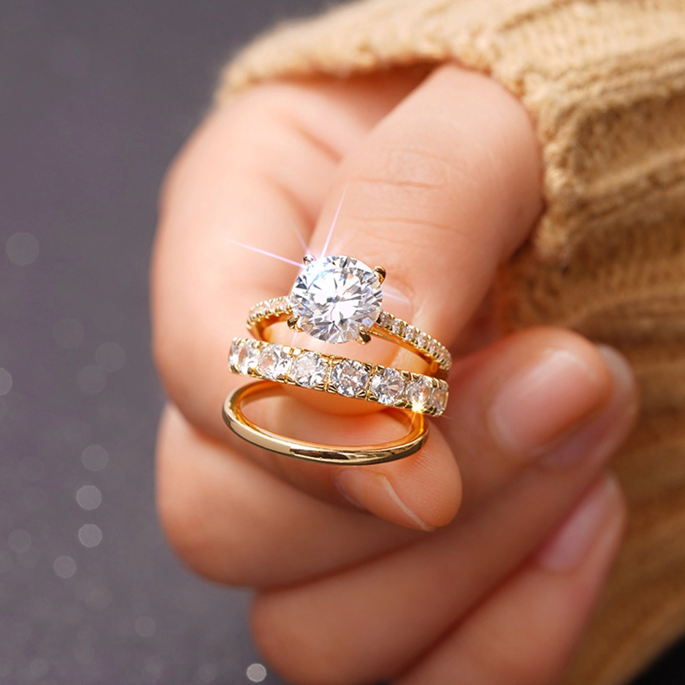 3Pcs Bridal Set for Women 14K Gold Plated Simulated Diamond Stackable Anniversary Eternity Rings
